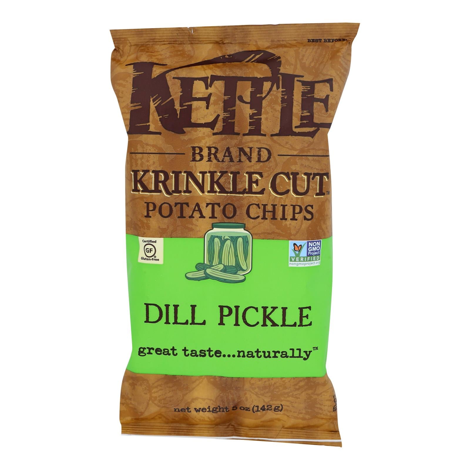 Kettle Brand Krinkle Cut Potato Chips - Dill Pickle - Case of 15 - 5 oz.