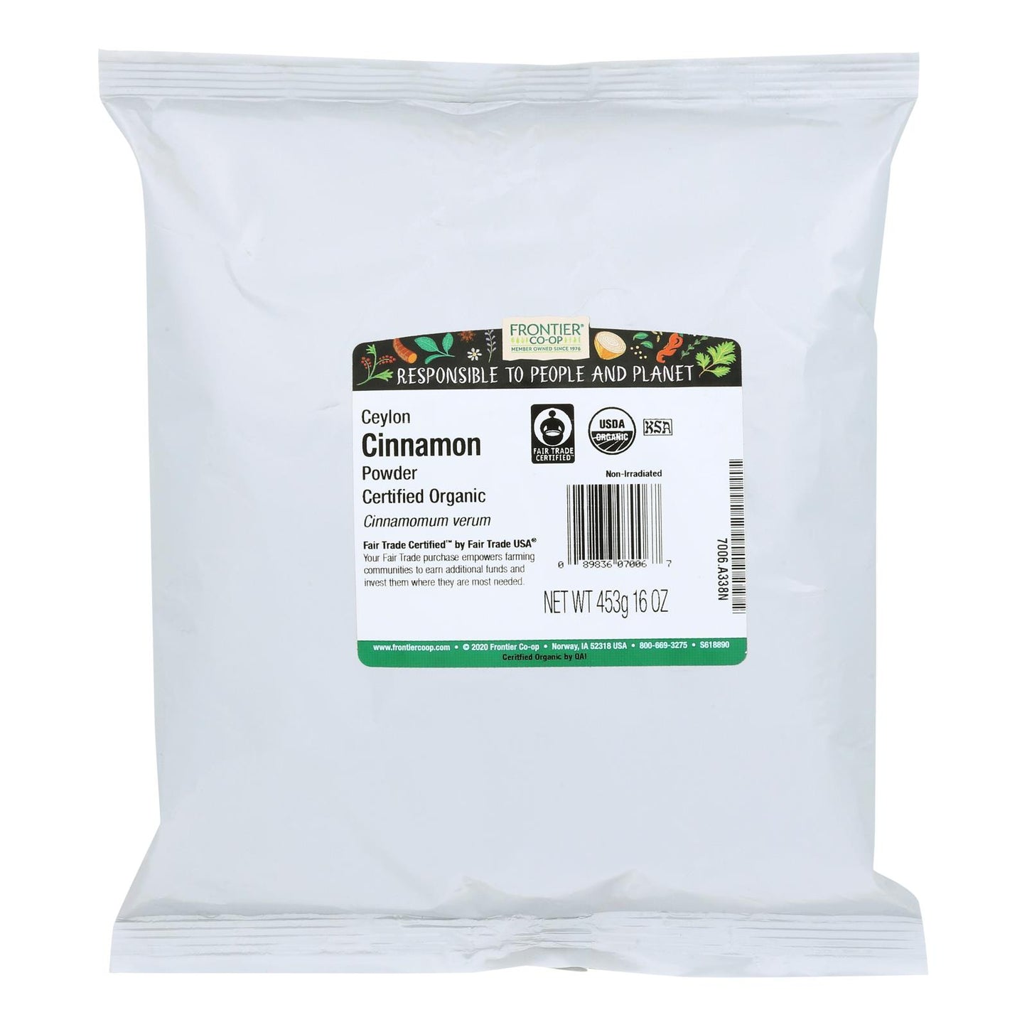 Frontier Herb Cinnamon Organic Fair Trade Certified Powder Ground Ceylon - Single Bulk Item - 1LB