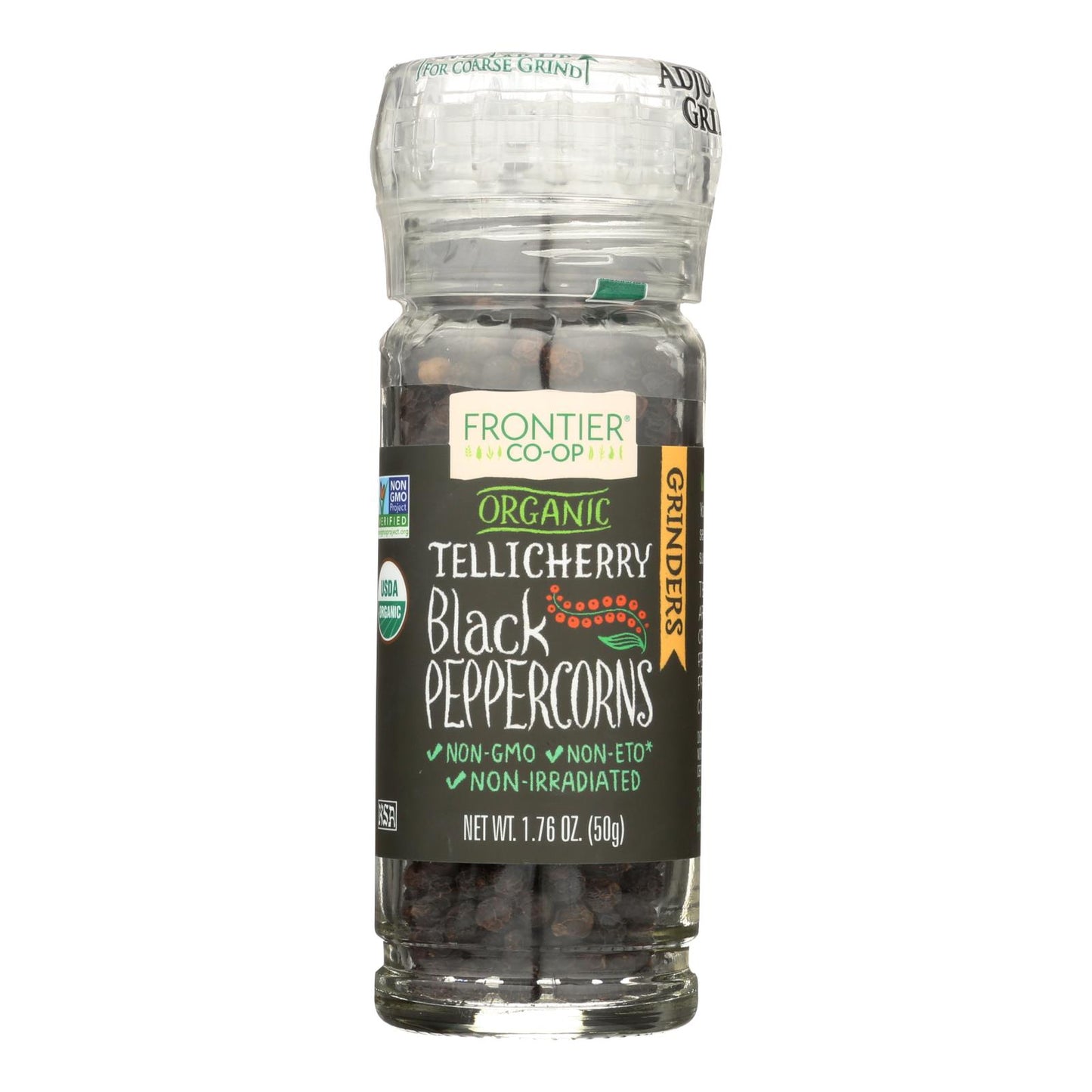 Frontier Herb Peppercorns - Organic - Whole - Black - Tellicherry Grade - Grinder Bottle - 1.76 oz - Case of 6