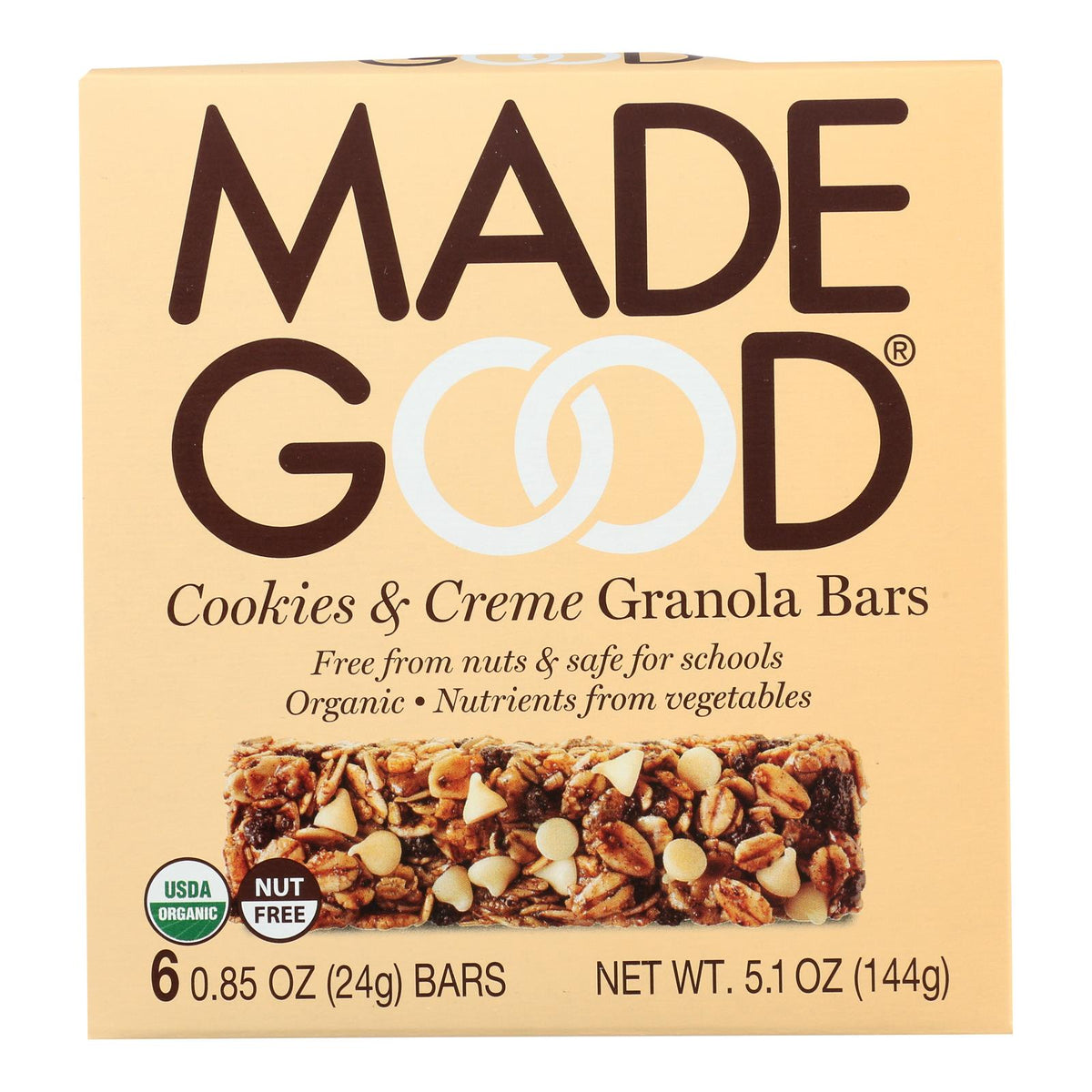Made Good, Organic Granola Bar Cookies & Cream, Case Of 6, 6/.85 oz