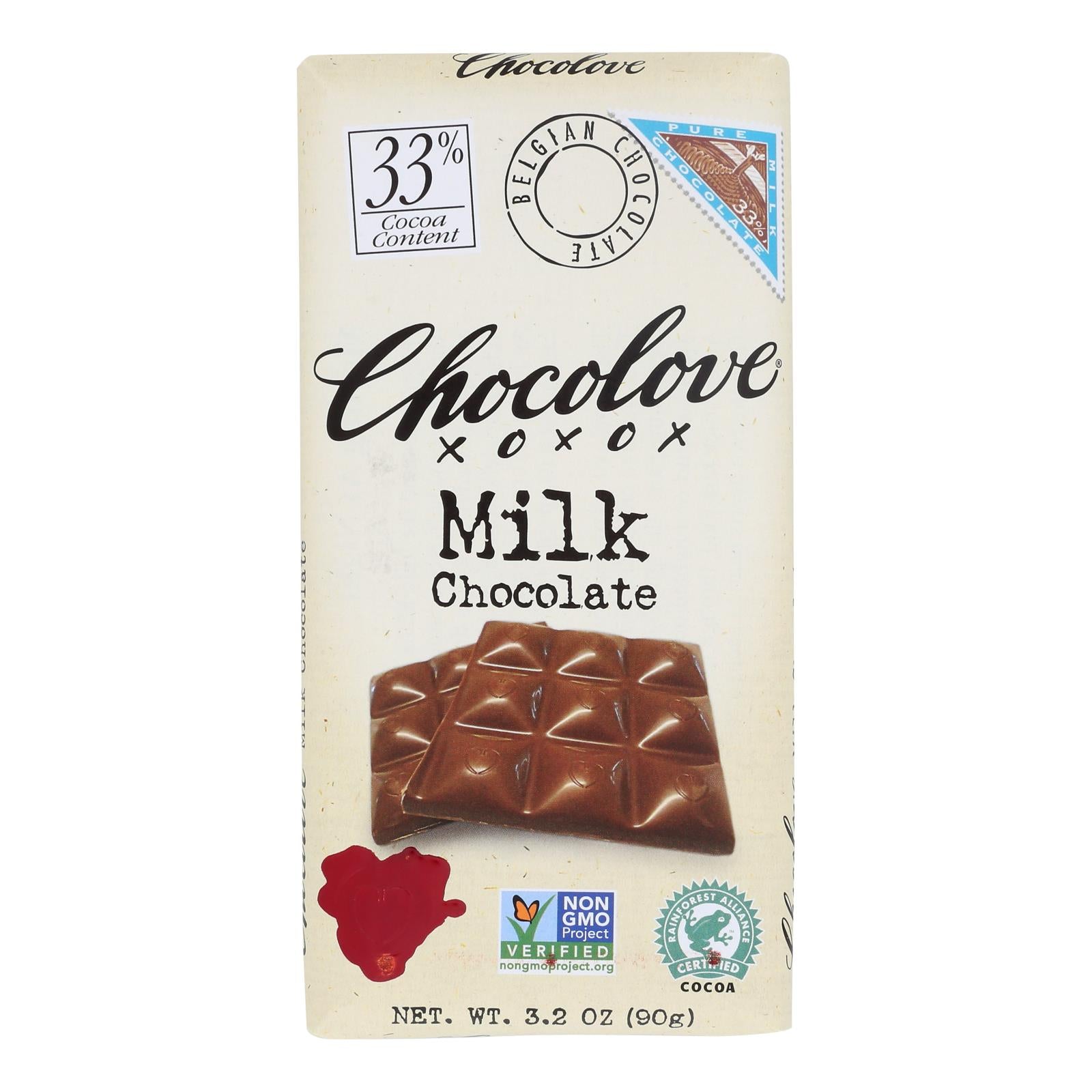 Chocolove Xoxox - Premium Chocolate Bar - Milk Chocolate - Pure - 3.2 oz Bars - Case of 12
