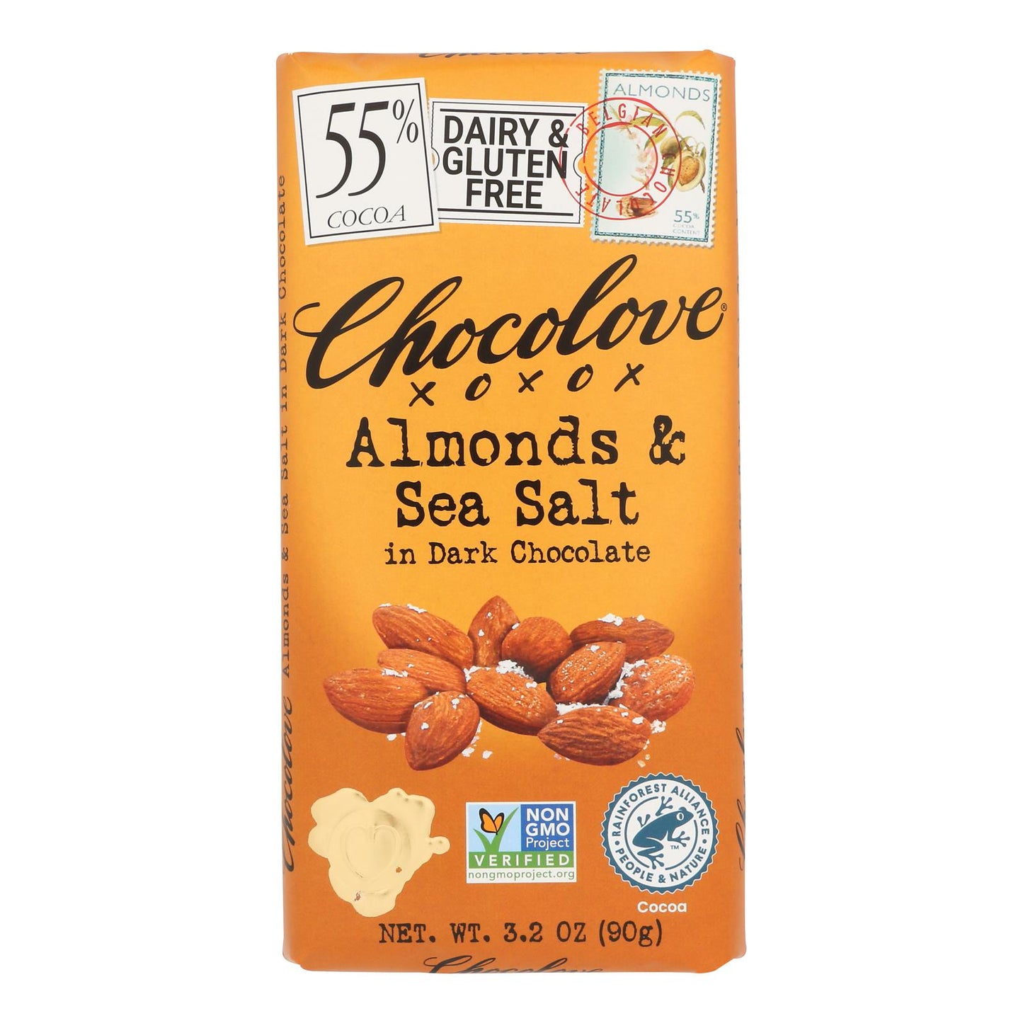 Chocolove Xoxox - Premium Chocolate Bar - Dark Chocolate - Almonds and Sea Salt - 3.2 oz Bars - Case of 12