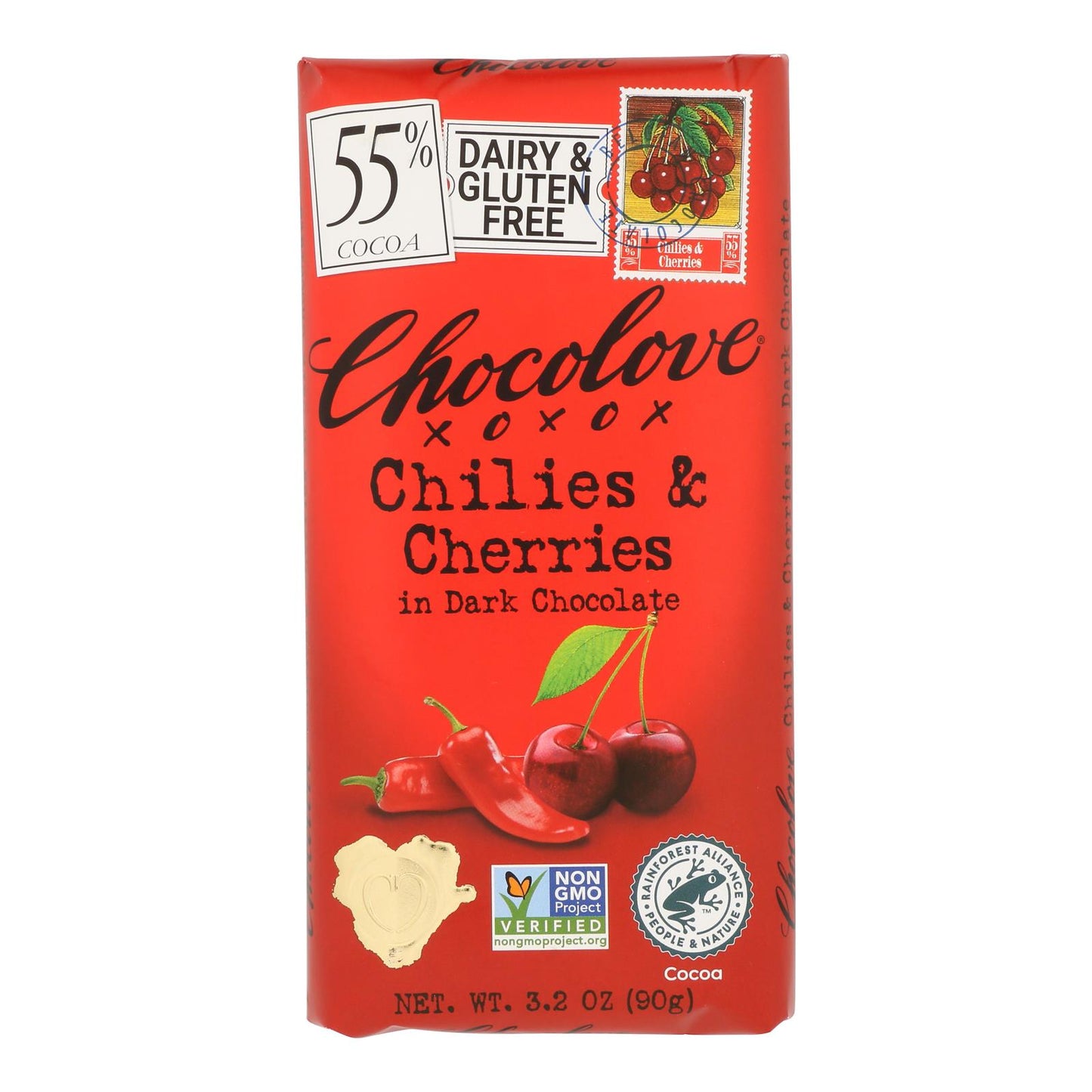 Chocolove Xoxox - Premium Chocolate Bar - Dark Chocolate - Chilies and Cherries - 3.2 oz Bars - Case of 12