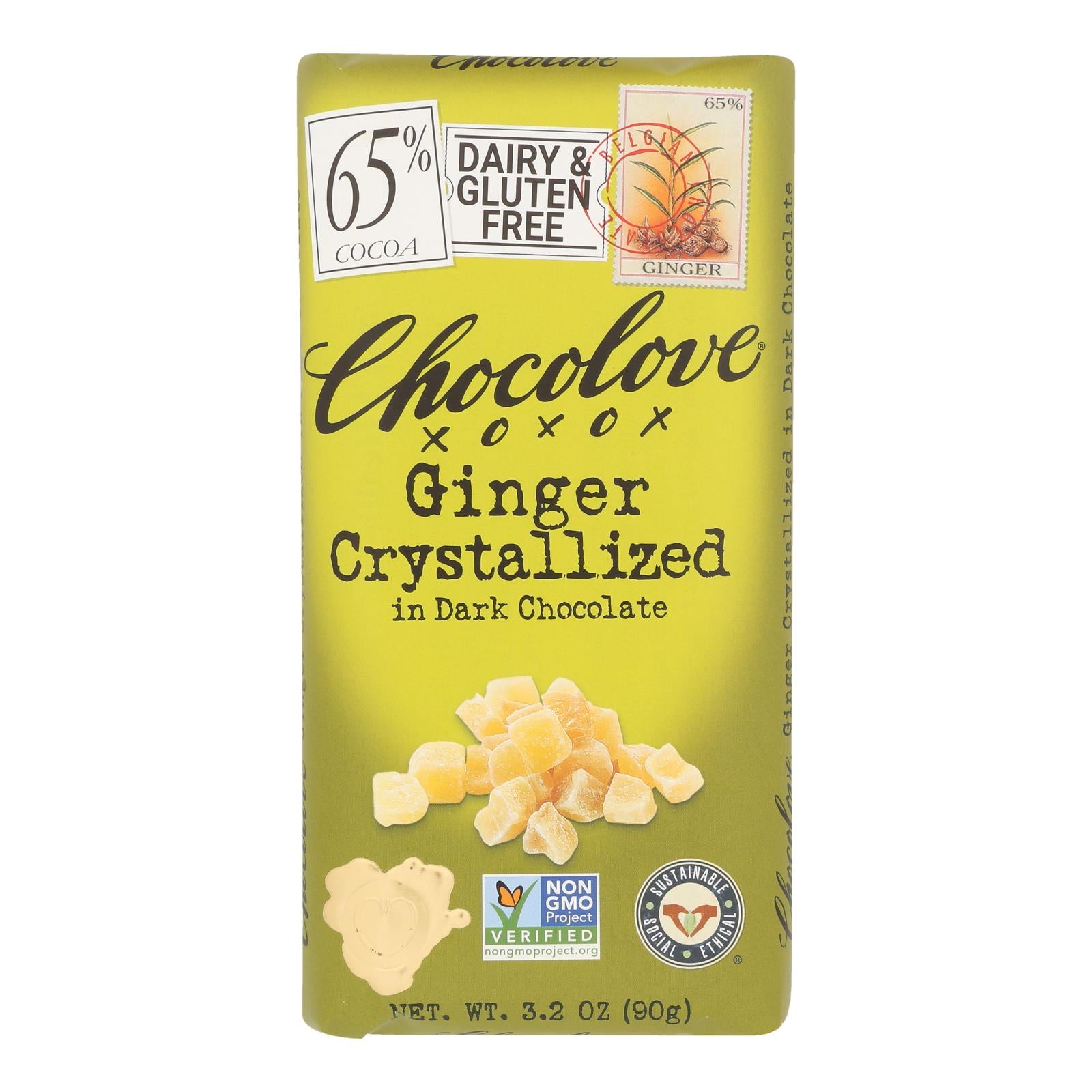 Chocolove Xoxox - Premium Chocolate Bar - Dark Chocolate - Ginger Crystallized - 3.2 oz Bars - Case of 12