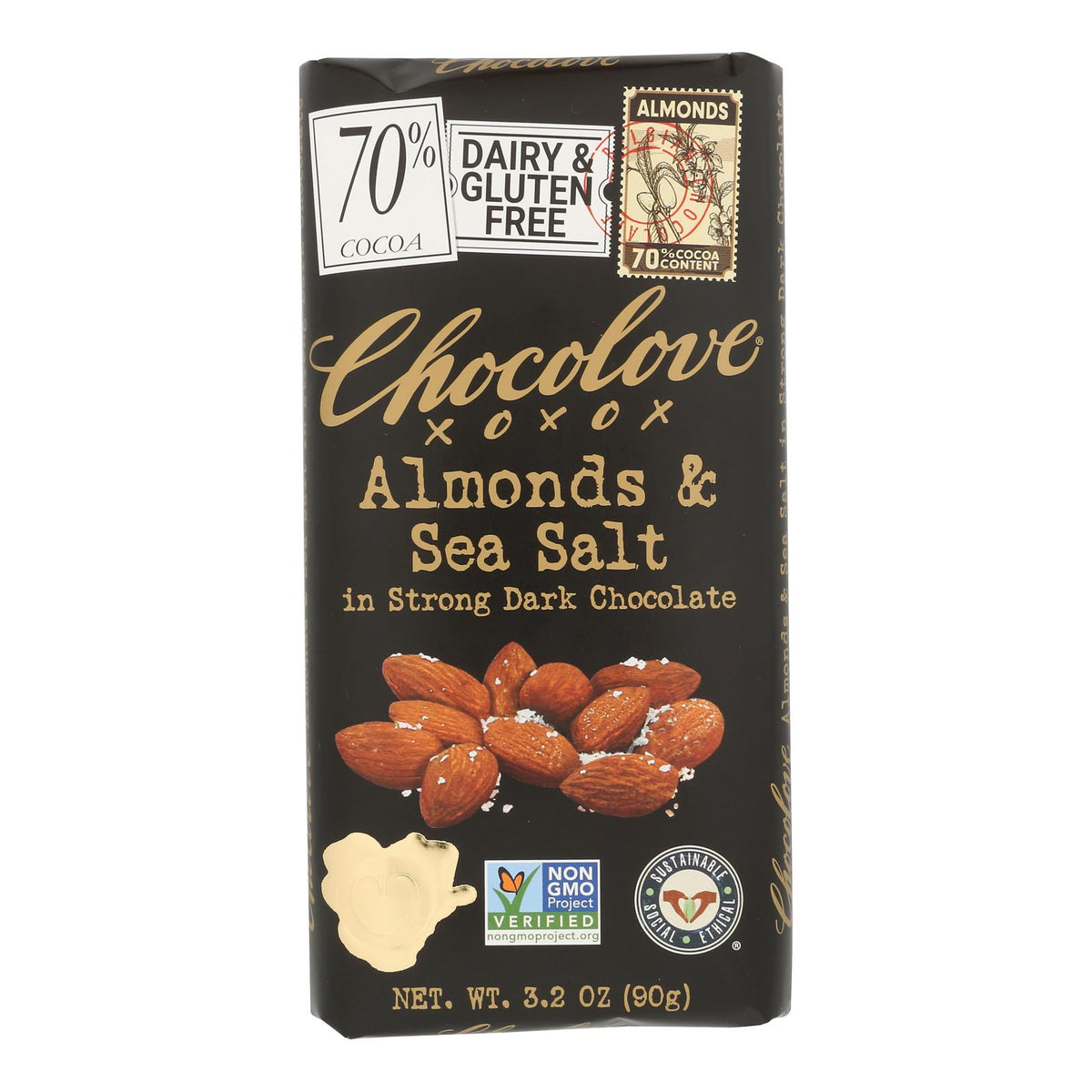 Chocolove Xoxox - Bar - Almond - Sea Salt - 70% Dark Chocolate - Case of 12 - 3.2 oz