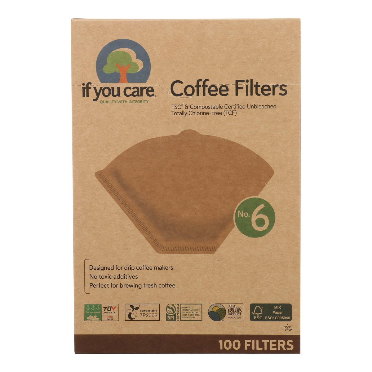 If You Care Coffee Filters lbs.6 Cone Unbleached - Case of 12 - 100 Count