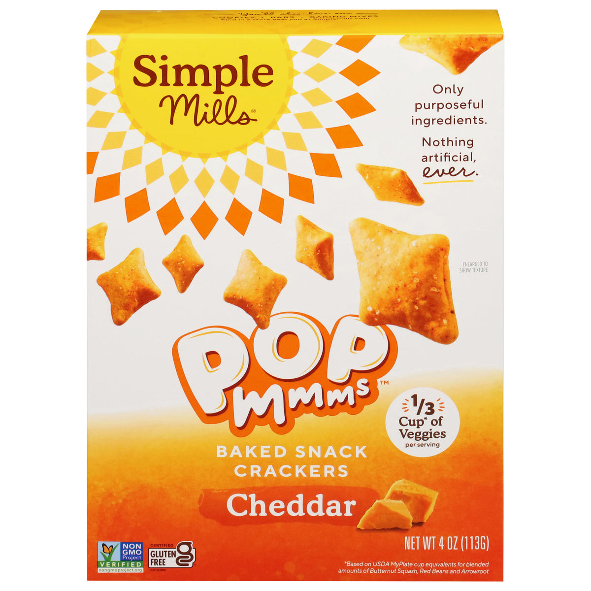 Simple Mills, Pop Mmms Veggie Flour Baked Snack Crackers Cheddar, Case Of 6, 4 oz