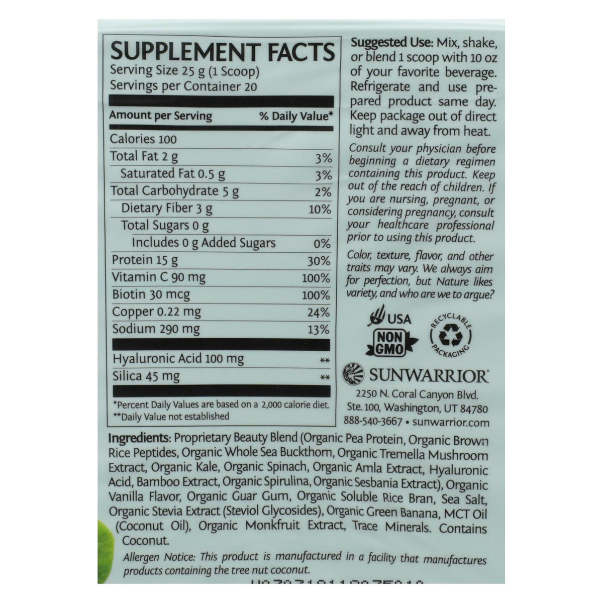 Sunwarrior - Collagen Tahitian Vanilla - 1 Each - 17.6 OZ