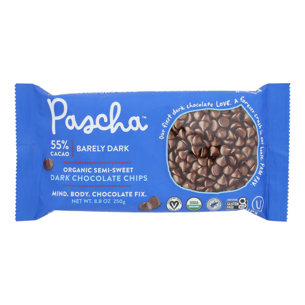 Pascha Chocolate Chips - Semi - Sweet Dark - Case of 6 - 8.8 oz.