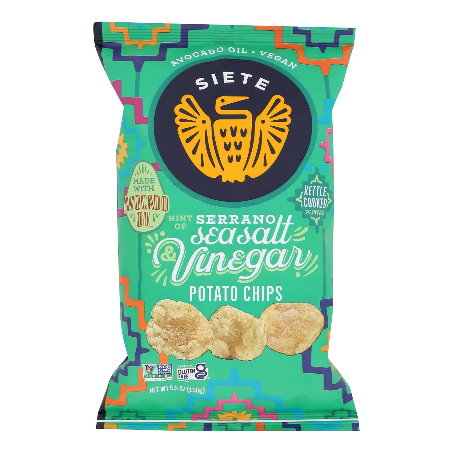 Siete Family Foods, Kettle Cooked Potato Chips Serrano Sea Salt Vinegar, Case Of 6, 5.5 oz