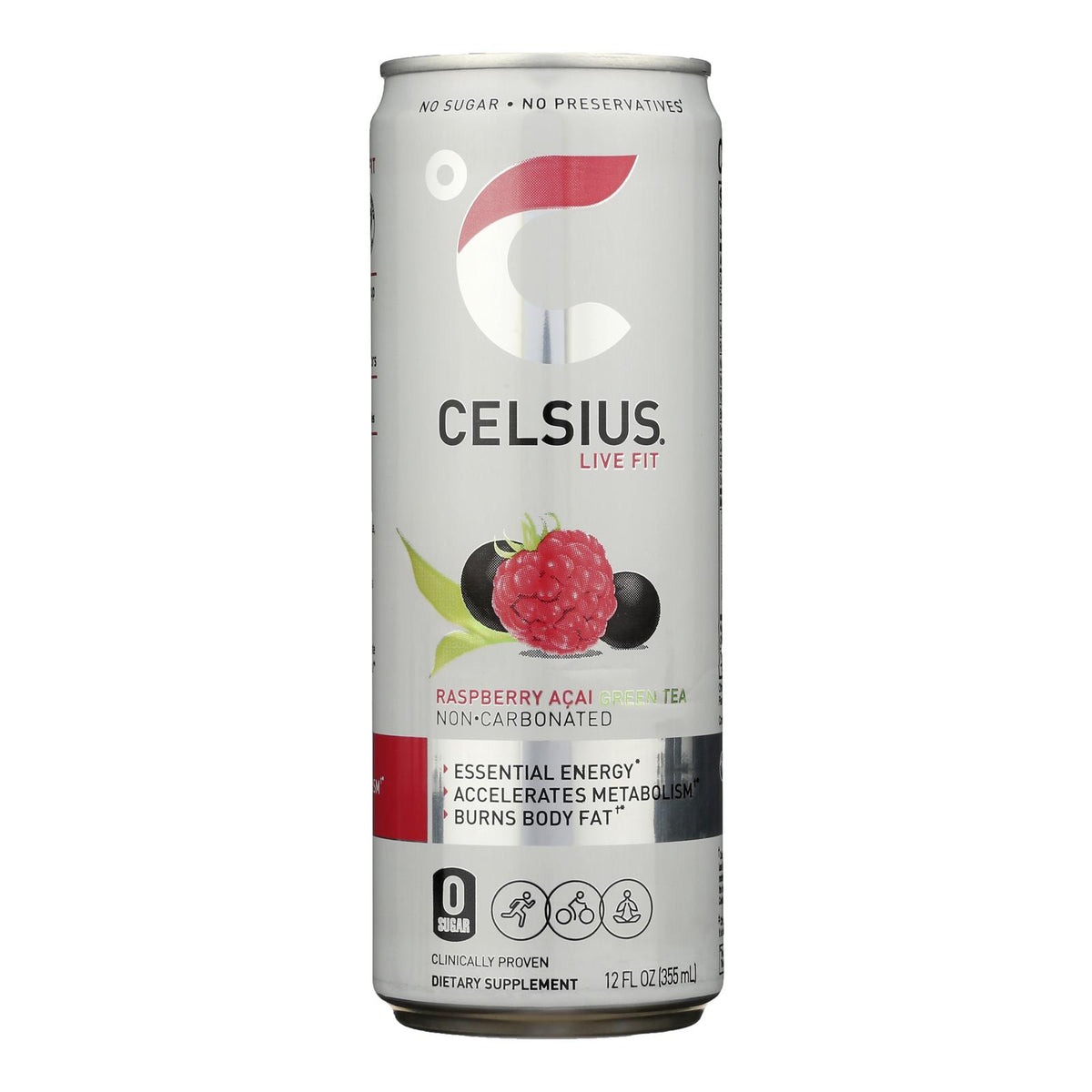 Celsius Non-Carbonated Raspberry Acai Green Tea Dietary Supplement  - Case of 12 - 12 FZ