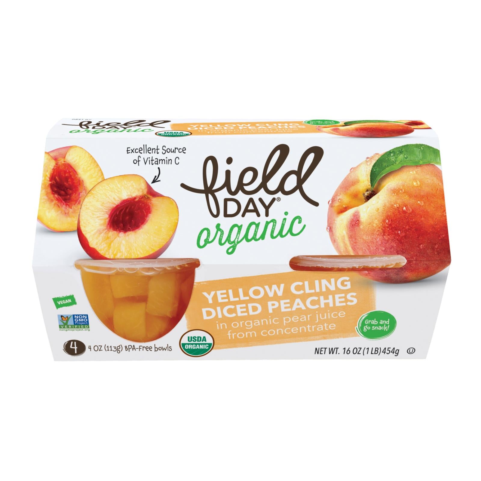 Field Day Fruit Cups - Organic - Yellow Cling Peaches - Diced - 4/4 oz - case of 6