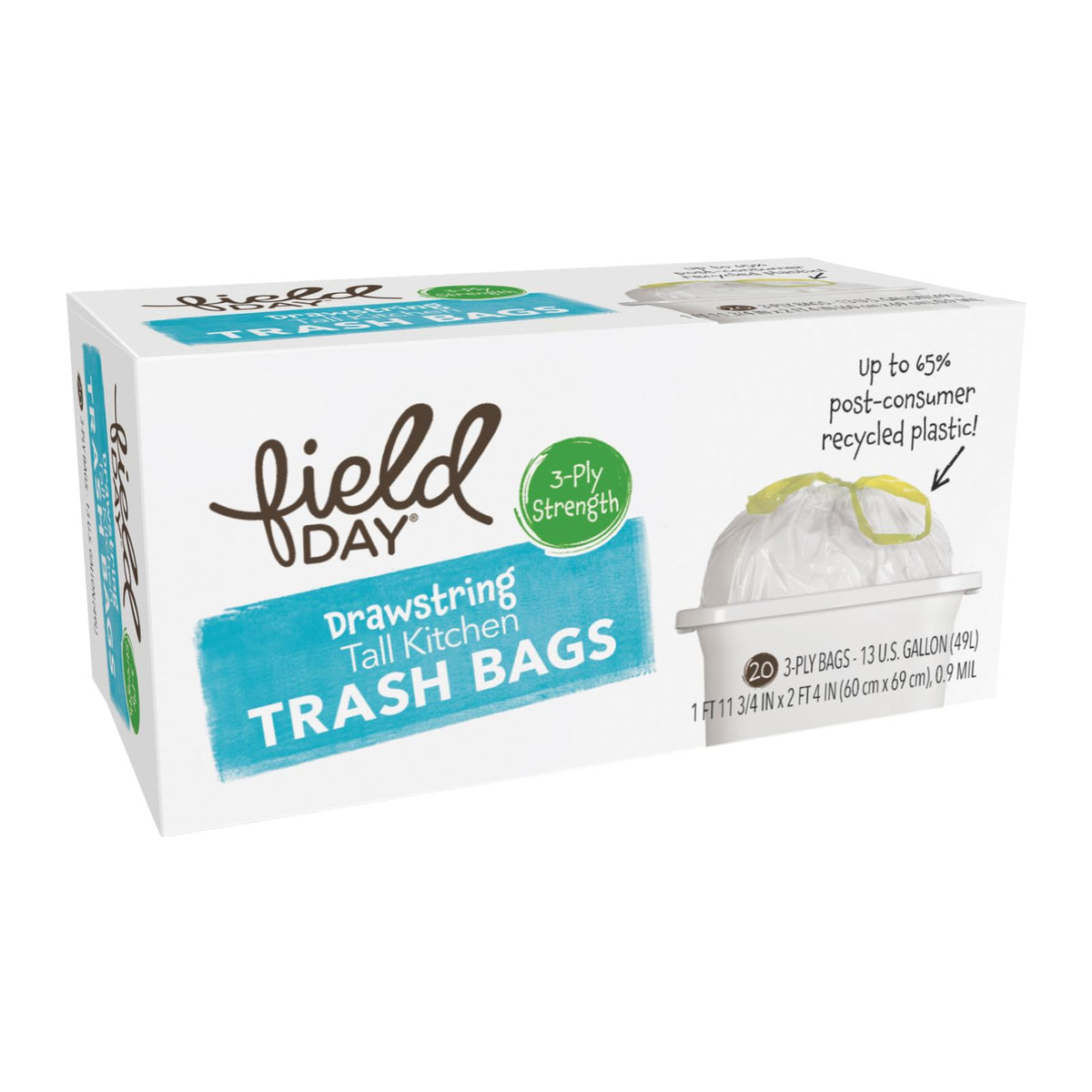 Field Day Drawstring Tall Kitchen Trash Bags - Trash Bags - Case of 12 - 20 Count
