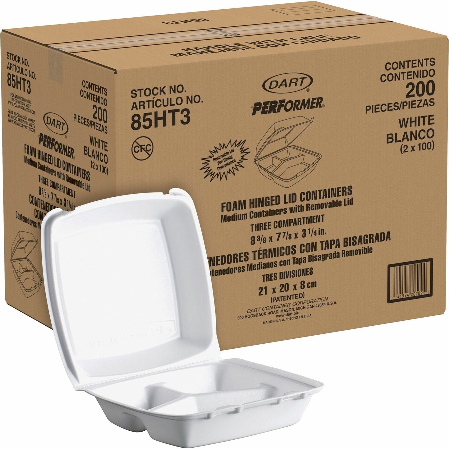 Dart 8-1/2" Triple-Compartment Foam Containers (DCC85HT3)