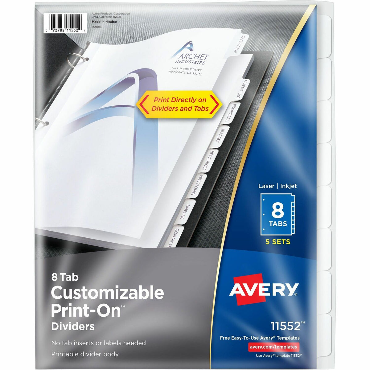 Avery(R) Customizable Print-On(TM) Dividers, 8 Tab, White, 5 Sets (AVE11552)