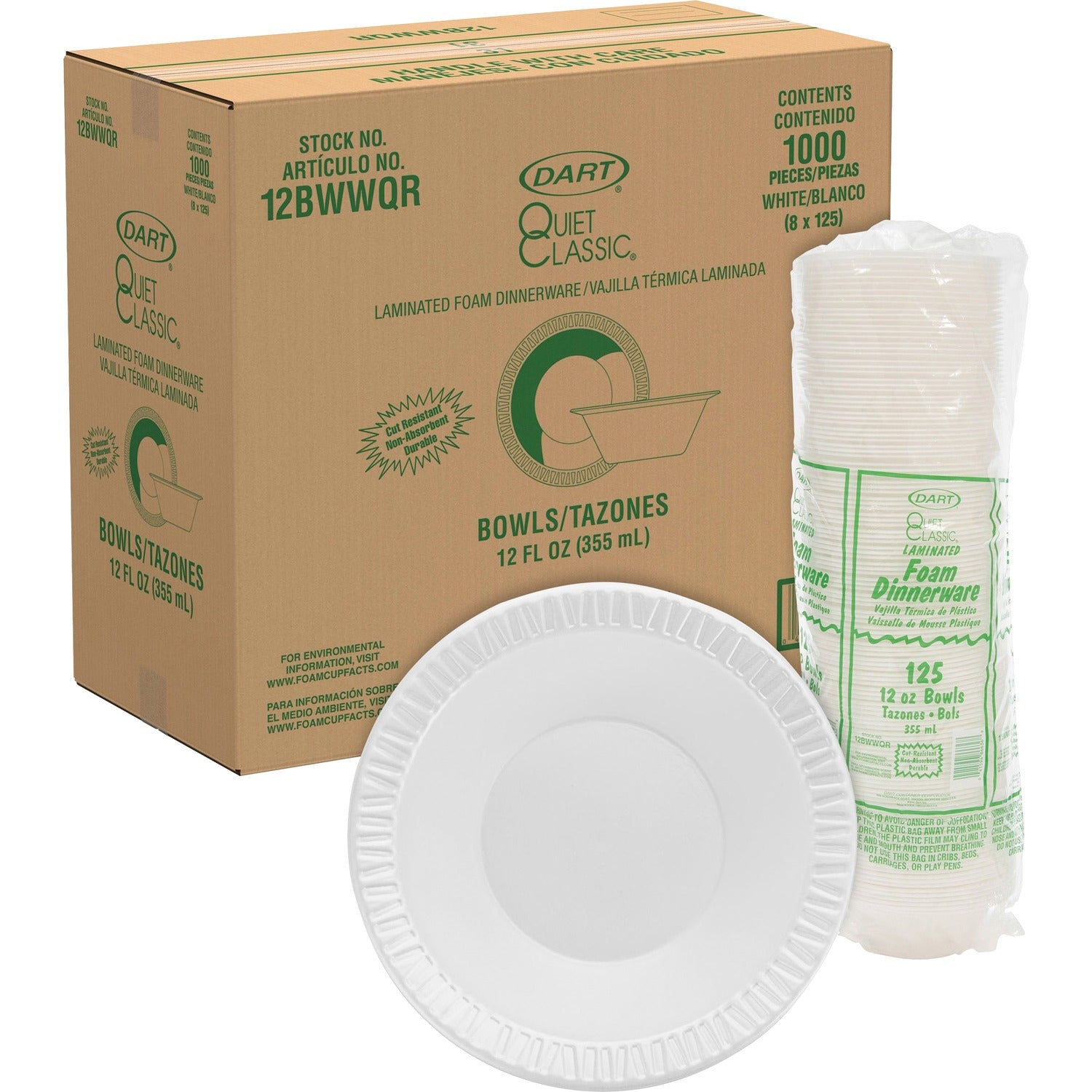 Dart Quiet Classic 12 oz Laminated Foam Bowls (DCC12BWWQR)