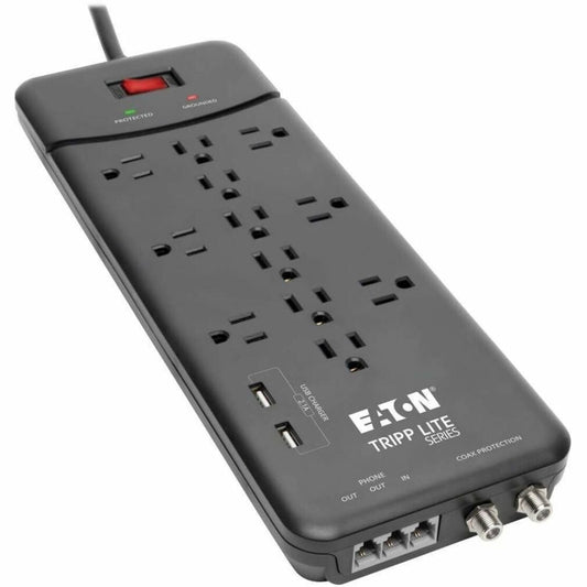 Eaton Tripp Lite Series Protect It! 12-Outlet Surge Protector, 8 ft. (2.43 m) Cord, 4320 Joules, Tel/Modem/Coax Protection, 2 USB Ports, Black (TLP128TTUSBB)