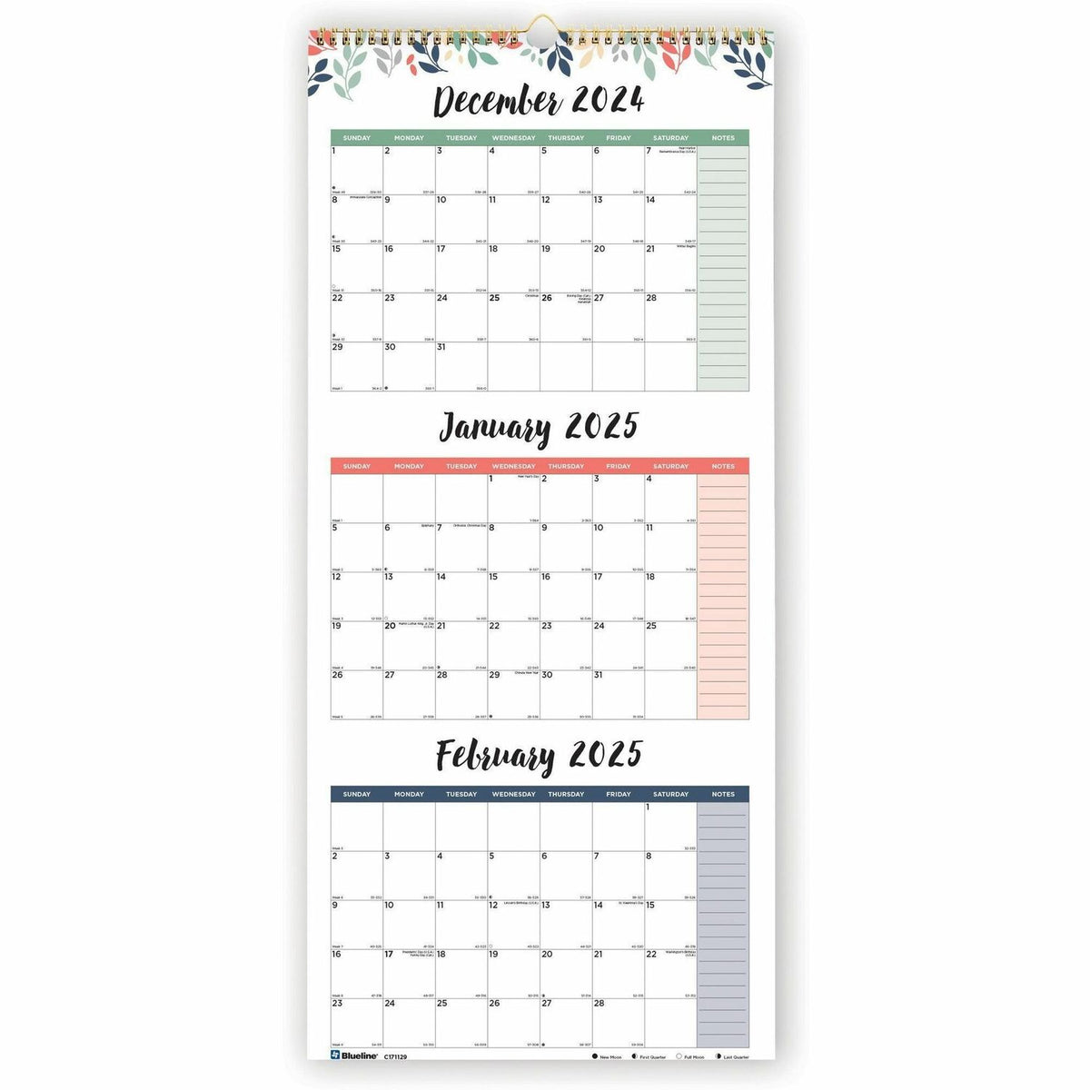 Blueline 3-Month Colorful Wall Calendar (REDC171129)