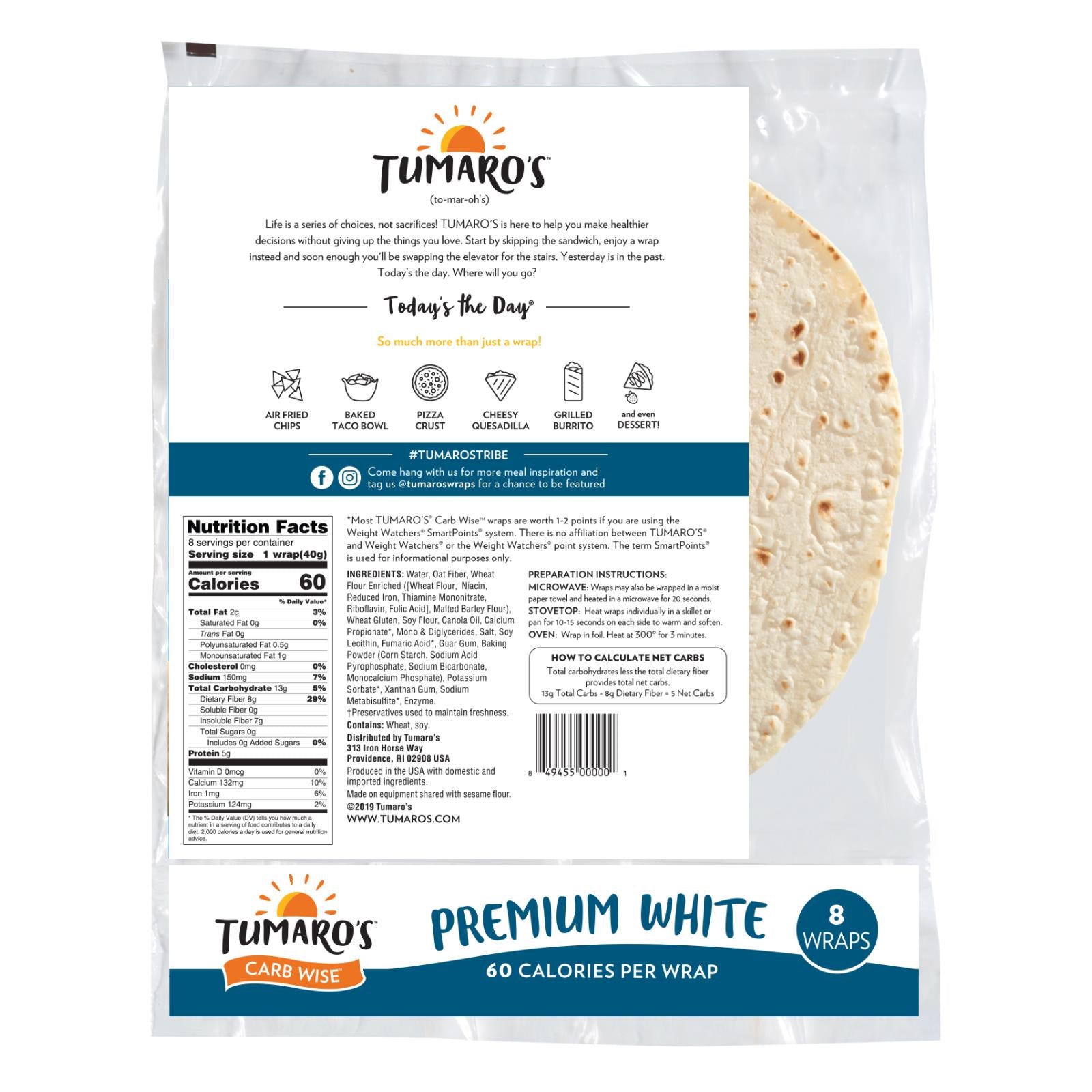 Tumaro's 8-inch Premium White Carb Wise Wraps - Case Of 6 - 8 Ct