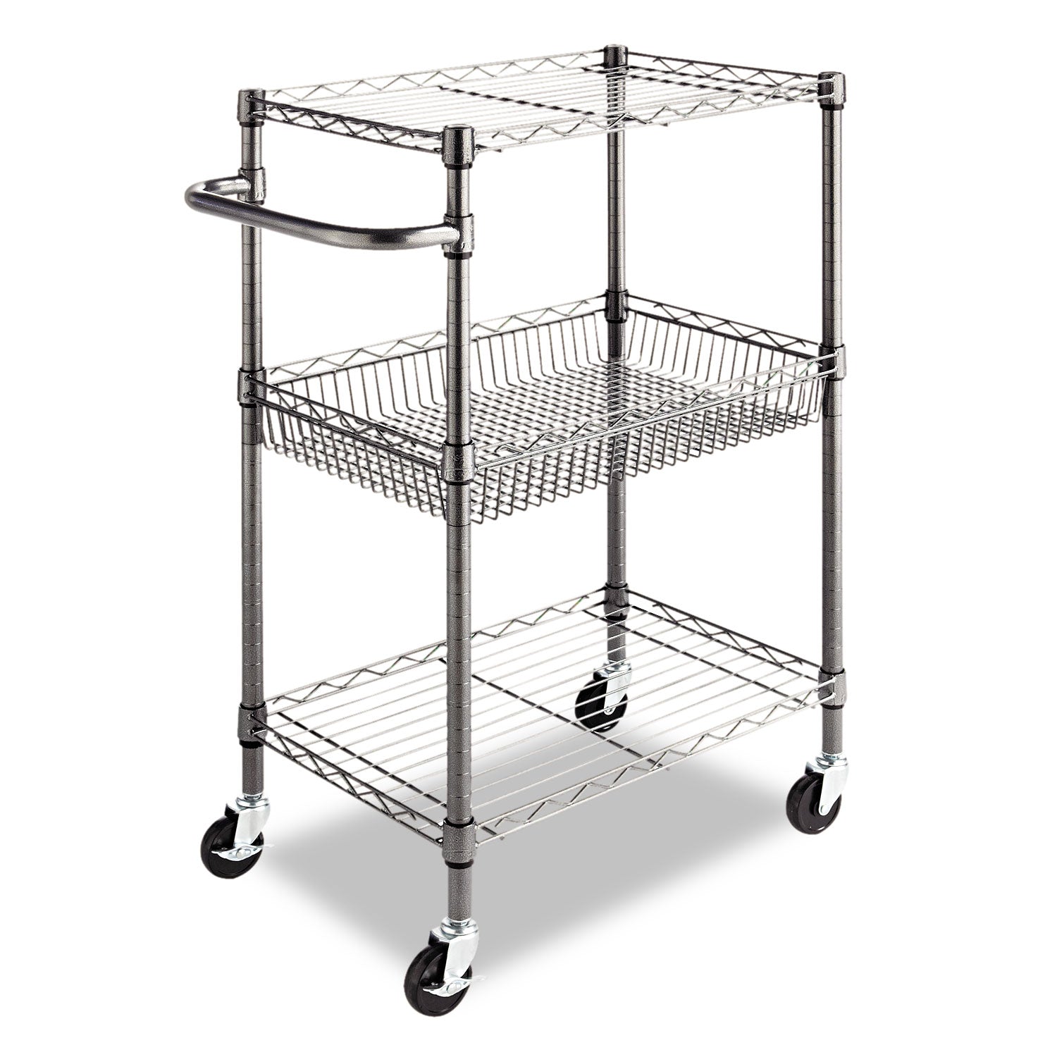 Alera Three-Tier Wire Cart with Basket, Metal, 2 Shelves, 1 Bin, 500 lb Capacity, 28" x 16" x 39", Black Anthracite (ALESW342416BA)