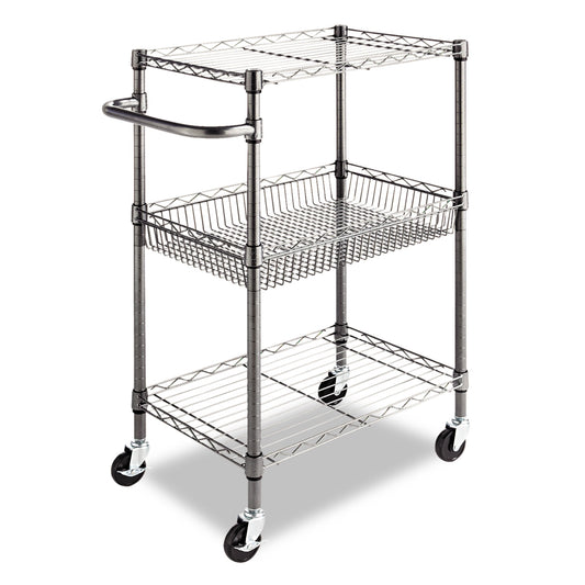 Alera Three-Tier Wire Cart with Basket, Metal, 2 Shelves, 1 Bin, 500 lb Capacity, 28" x 16" x 39", Black Anthracite (ALESW342416BA)