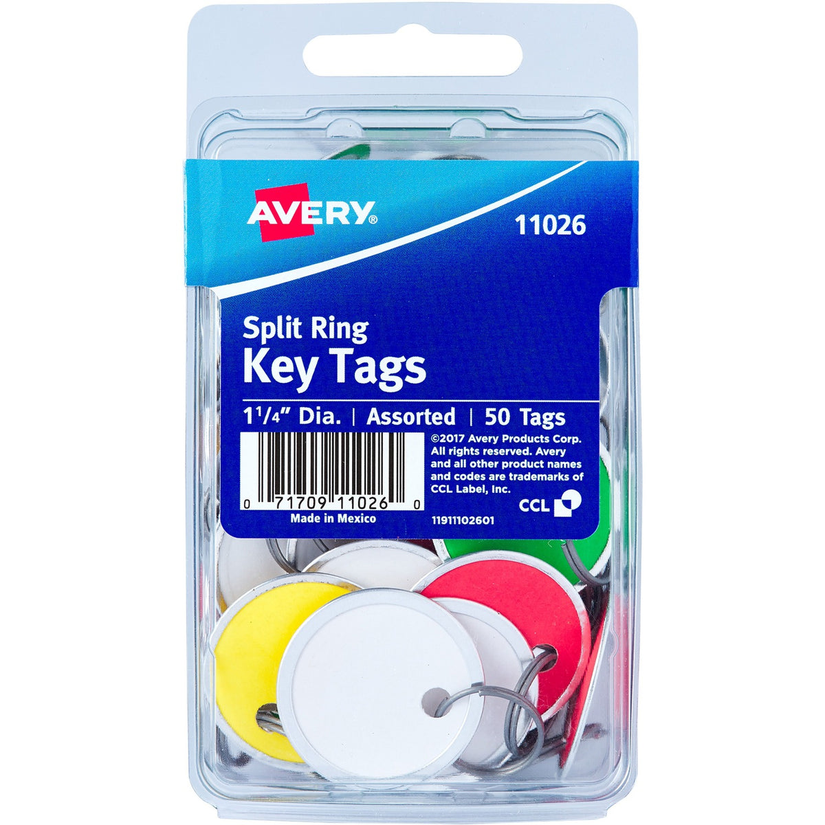 Avery 1-1/4" Key Tags, Split Ring, Assorted Colors, 50 Tags (AVE11026)