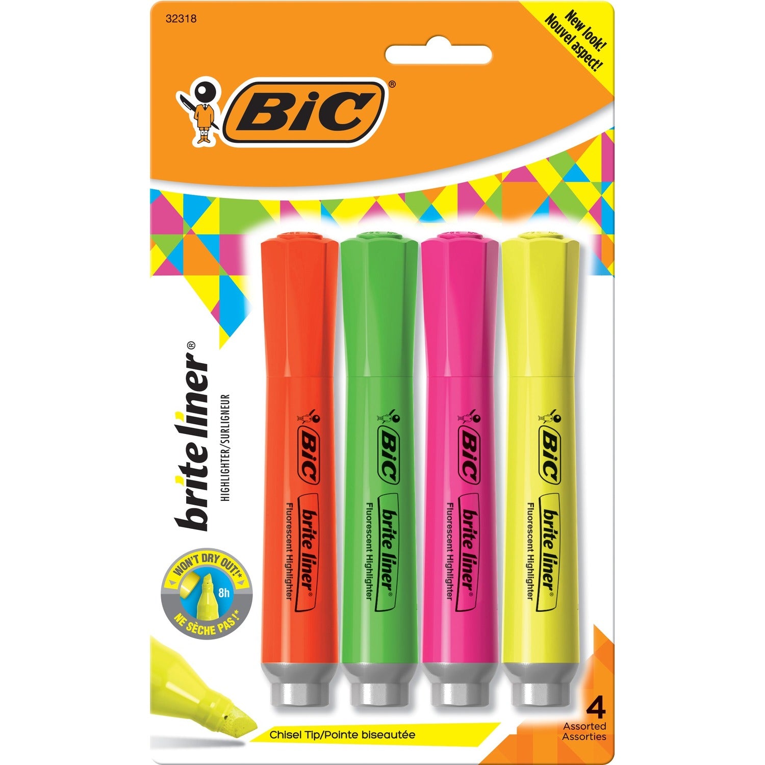 BIC Brite Liner Grip XL Highlighters, Assorted, 4 Pack (BICBLMGP41ASST)