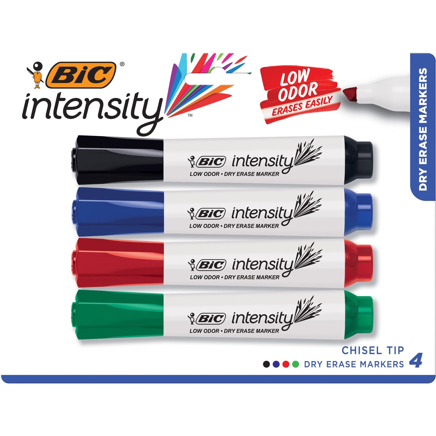 BIC Intensity Low Odor Dry Erase Marker, Tank, Assorted, 4 Pack (BICGDEMP41ASST)