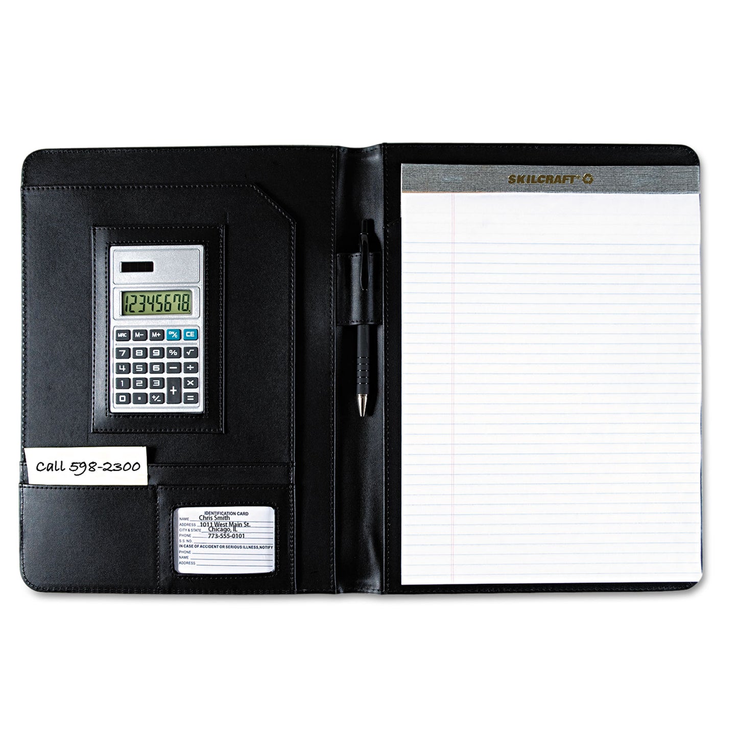 AbilityOne 7510014844563, SKILCRAFT Black Leather Look Portfolio, Solar Calculator/Writing Pad/Pen