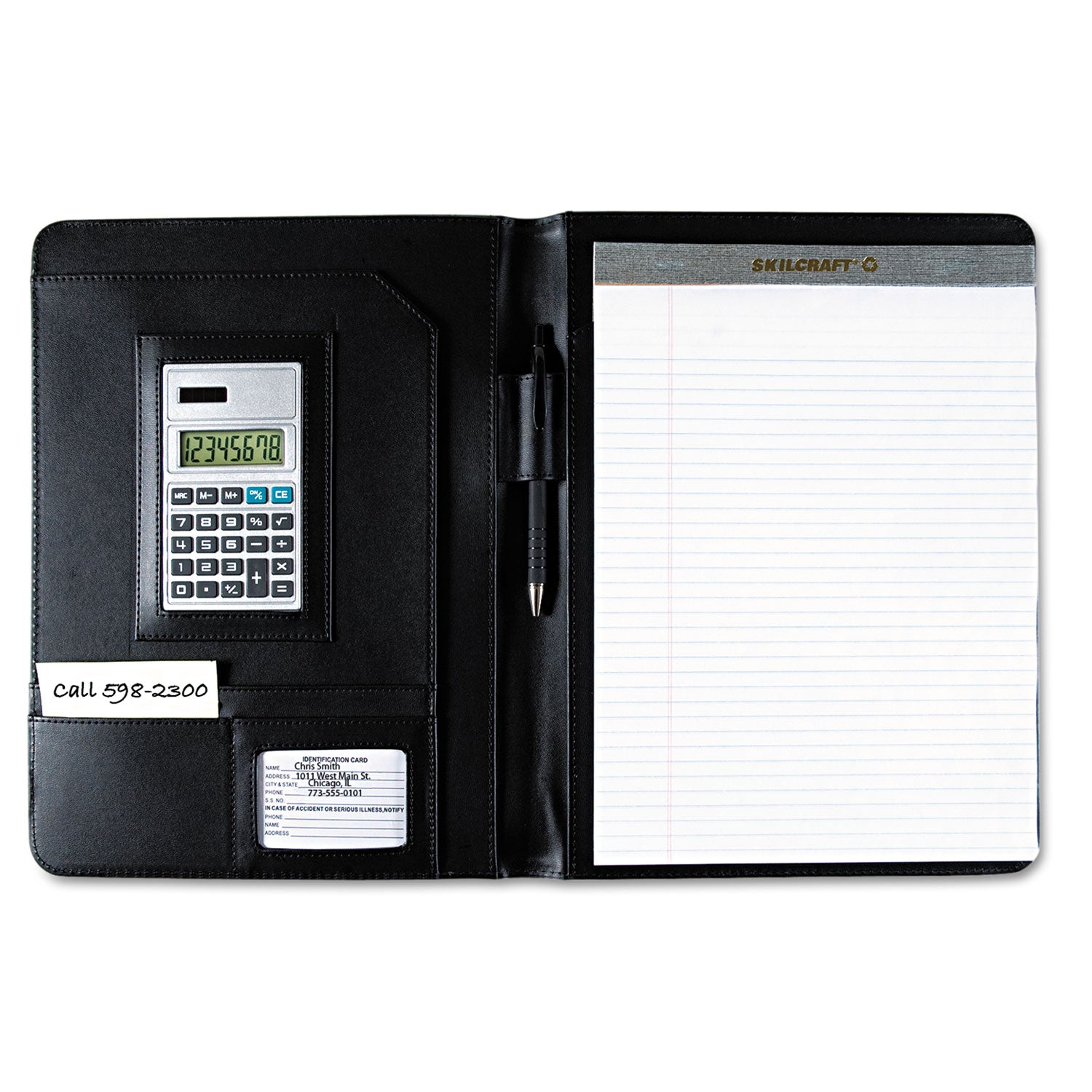 AbilityOne 7510014844563, SKILCRAFT Black Leather Look Portfolio, Solar Calculator/Writing Pad/Pen
