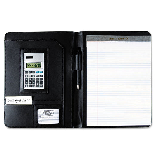 AbilityOne 7510014844563, SKILCRAFT Black Leather Look Portfolio, Solar Calculator/Writing Pad/Pen