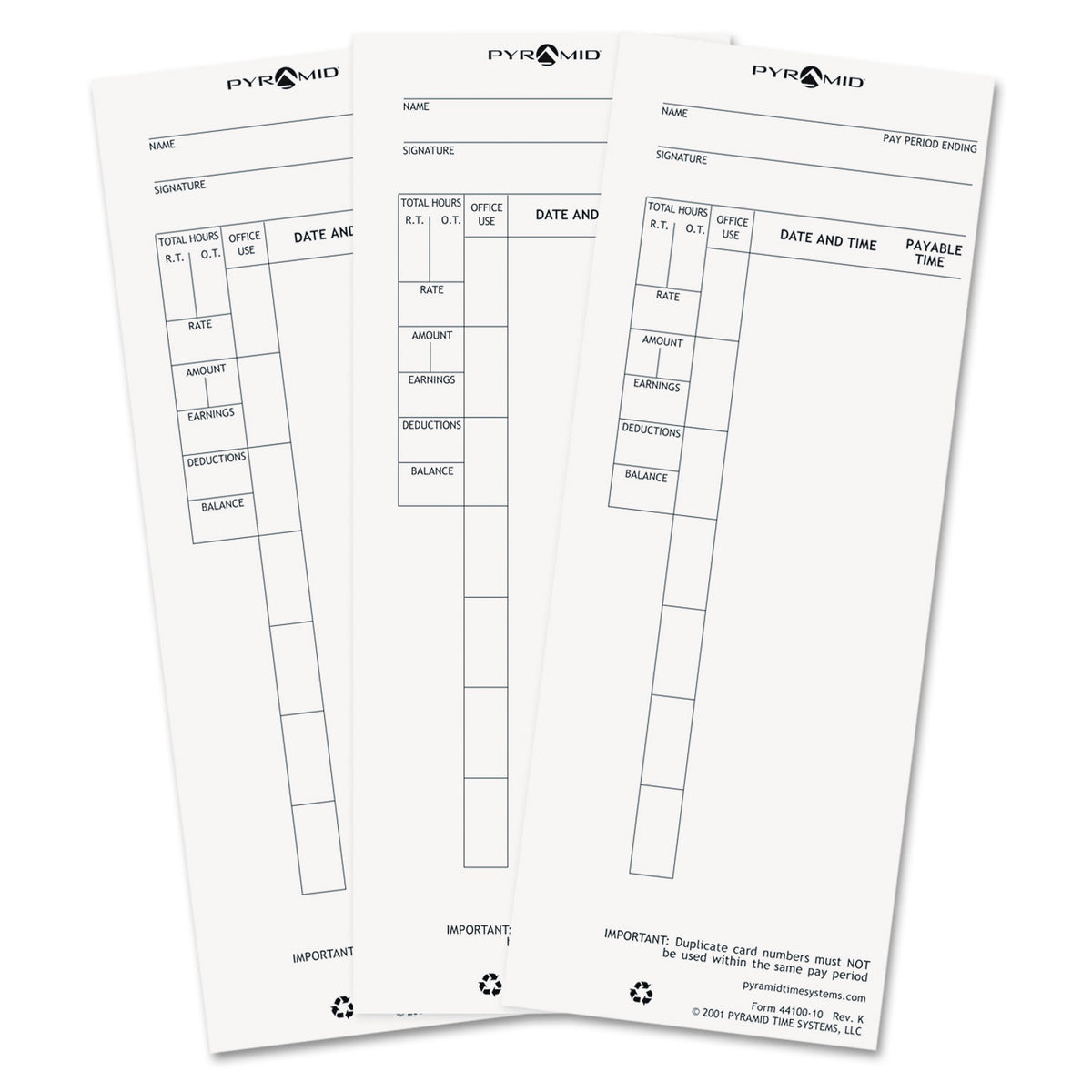 Time Clock Cards for Pyramid Technologies 4000, One Side, 3.5 x 8.5, 100/Pack (PTI4410010)