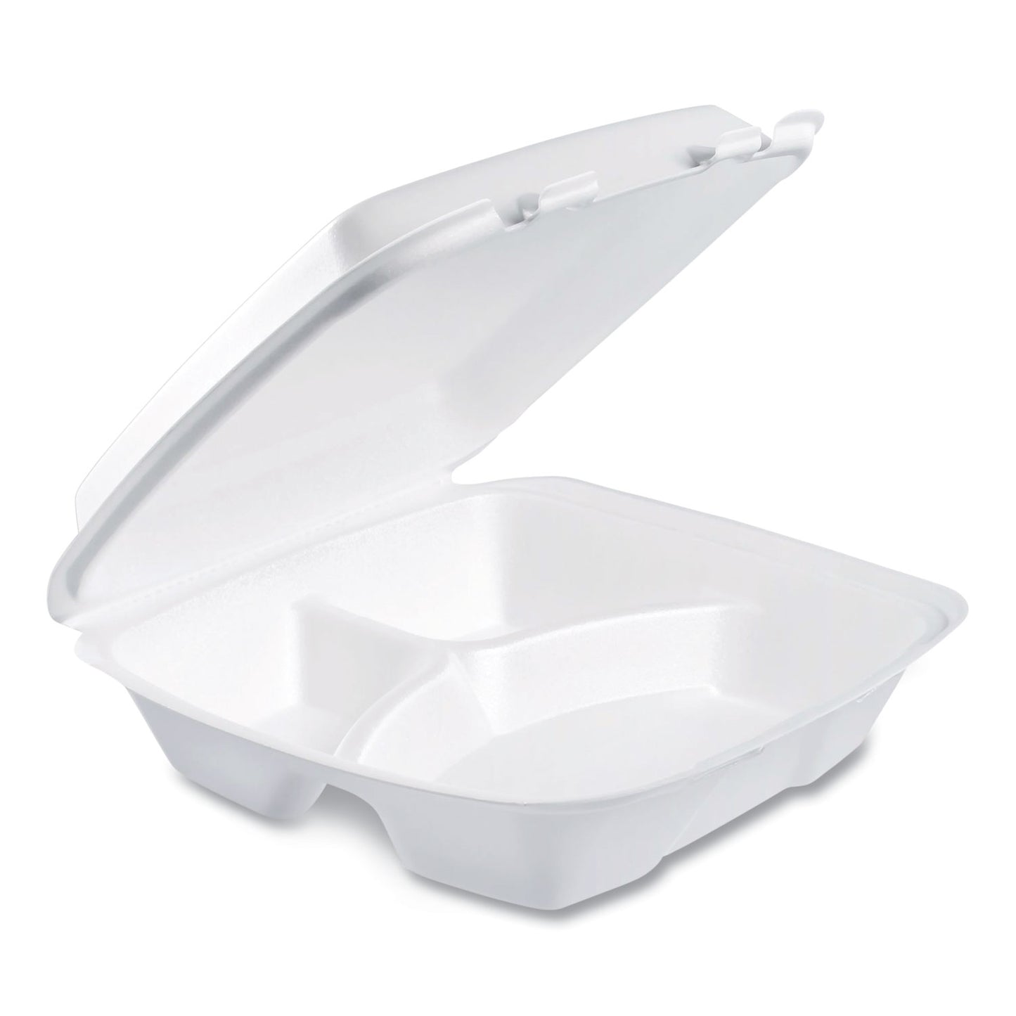 Dart Foam Hinged Lid Container, Performer Perforated Lid, 3-Compartment, 9 x 9.4 x 3, White, 100/Bag, 2 Bag/Carton (DCC90HTPF3R)