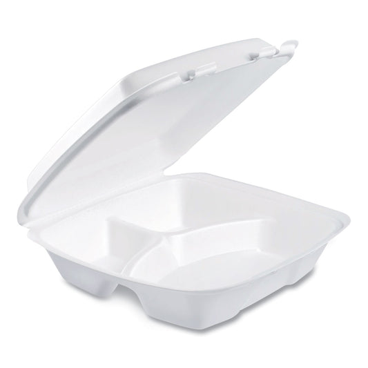 Dart Foam Hinged Lid Container, Performer Perforated Lid, 3-Compartment, 9 x 9.4 x 3, White, 100/Bag, 2 Bag/Carton (DCC90HTPF3R)