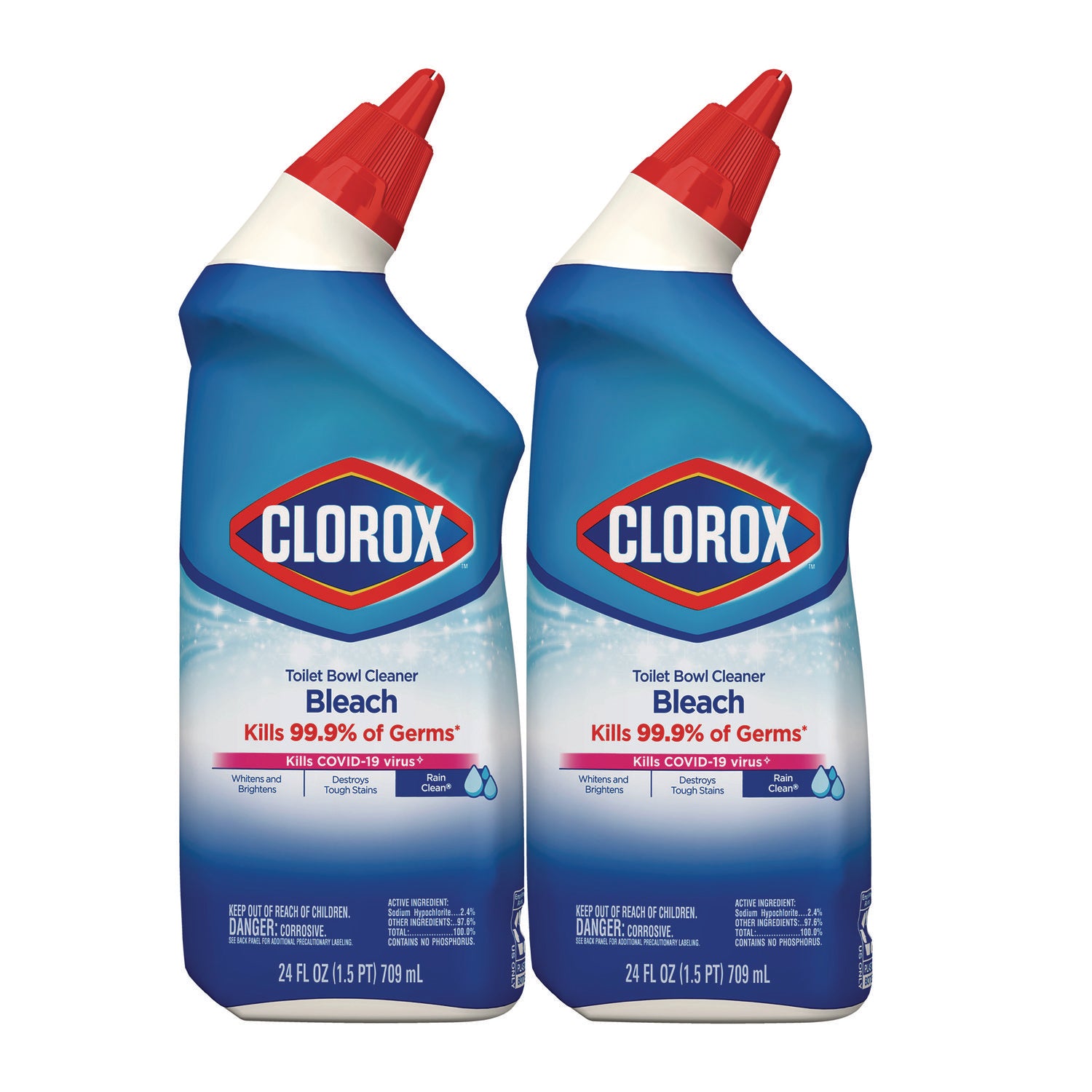 Clorox Disinfecting Toilet Bowl Cleaner with Bleach, Rain Clean Scent, 24 oz Bottle, 2/Pack (CLO30924)