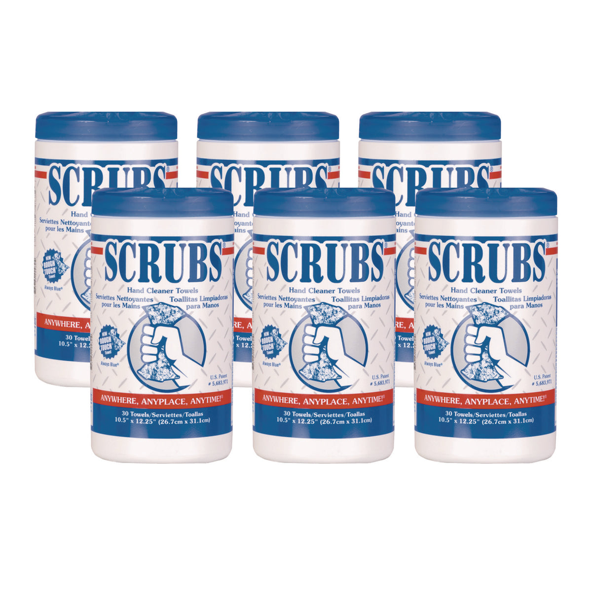 SCRUBS Hand Cleaner Towels, 1-Ply, 10 x 12, Citrus, Blue/White, 30/Canister (ITW42230CT)
