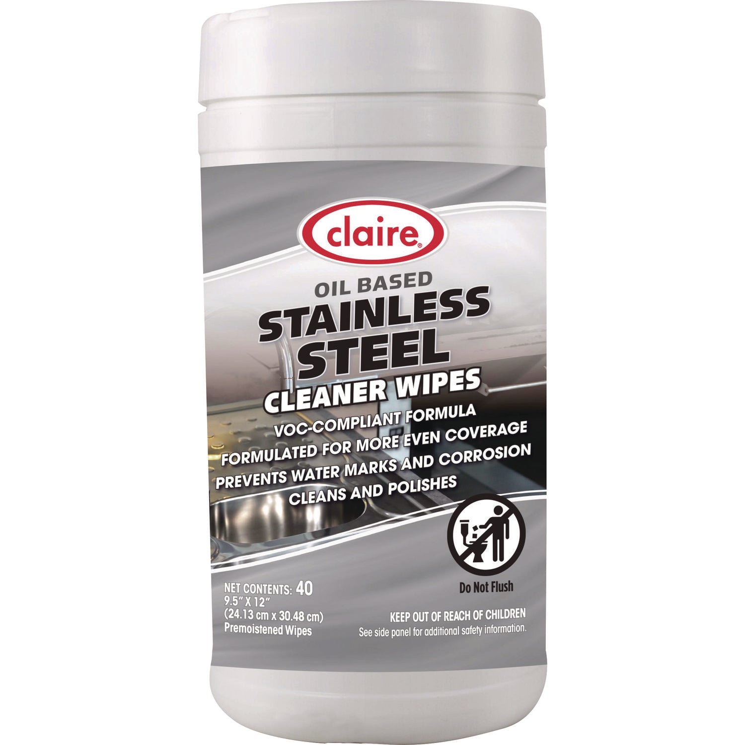 Claire Stainless Steel Cleaner Wipes, 9.5 x 12, Citrus, Purple, 40 Wipes/Canister, 6 Canisters/Carton (CGC993)