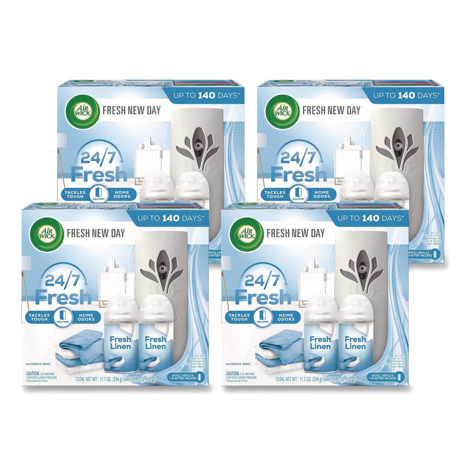 Air Wick Freshmatic Ultra Automatic Starter Kit, Gadget/(2) 5.89 oz Fresh Linen Refills/AA Battery, 4 Kits/Carton (RAC01918CT)