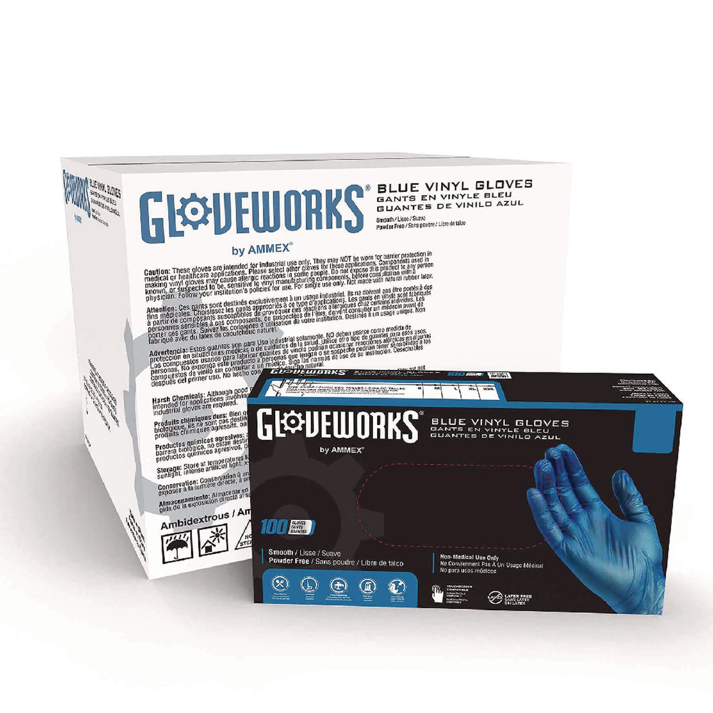 GloveWorks by AMMEX Industrial Vinyl Gloves, Powder-Free, 3 mil, Small, Blue, 100 Gloves/Box, 10 Boxes/Carton (AXCIVBPF42100)