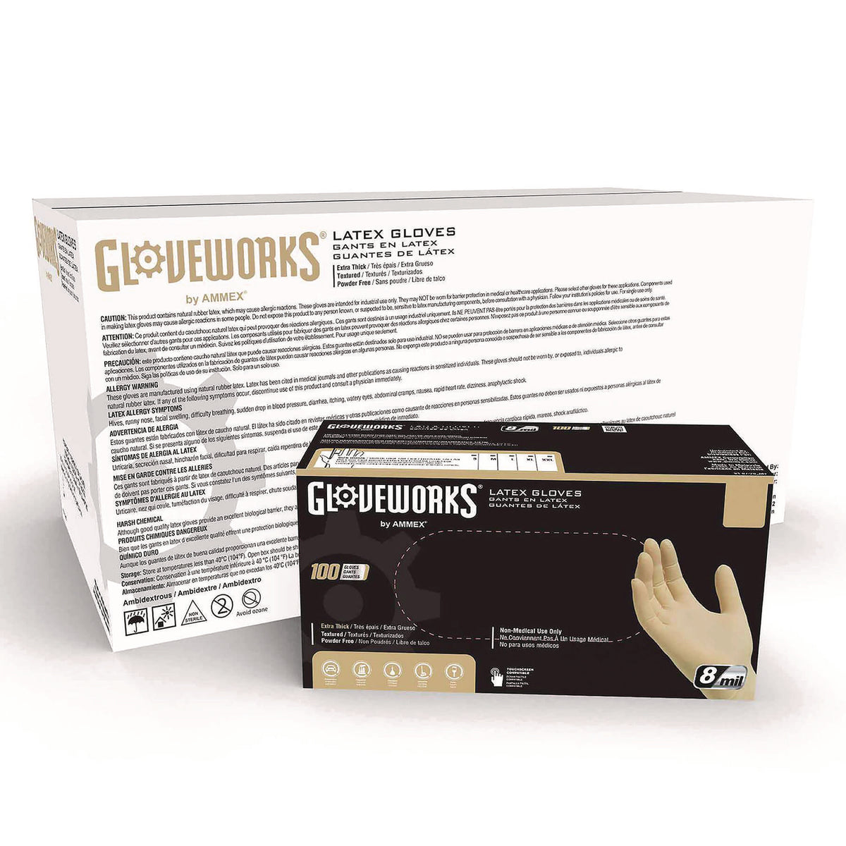 GloveWorks by AMMEX Extra Thick Latex Disposable Gloves, Powder-Free, Small, 6 mil Thick, 9.5" Long, Ivory, 100/Box, 10 Boxes/Carton (ILHD42100)
