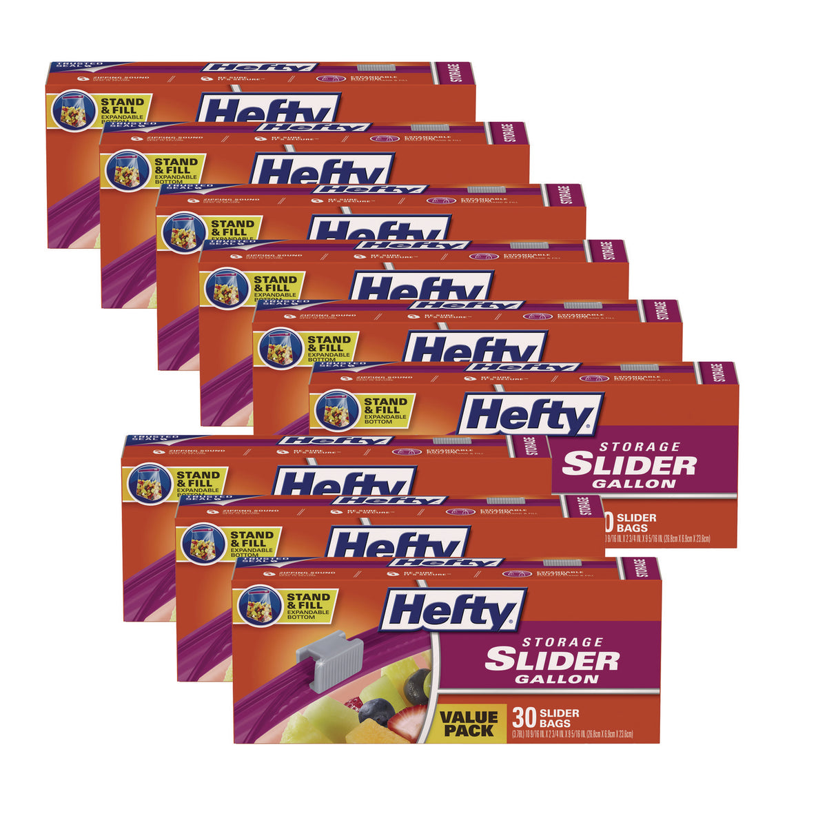Hefty Slider Stand and Fill Food Storage Bags, Gallon, 10.56" x 11", Clear, 30 Bags/Box, 9 Boxes/Carton (RFPR88071CT)