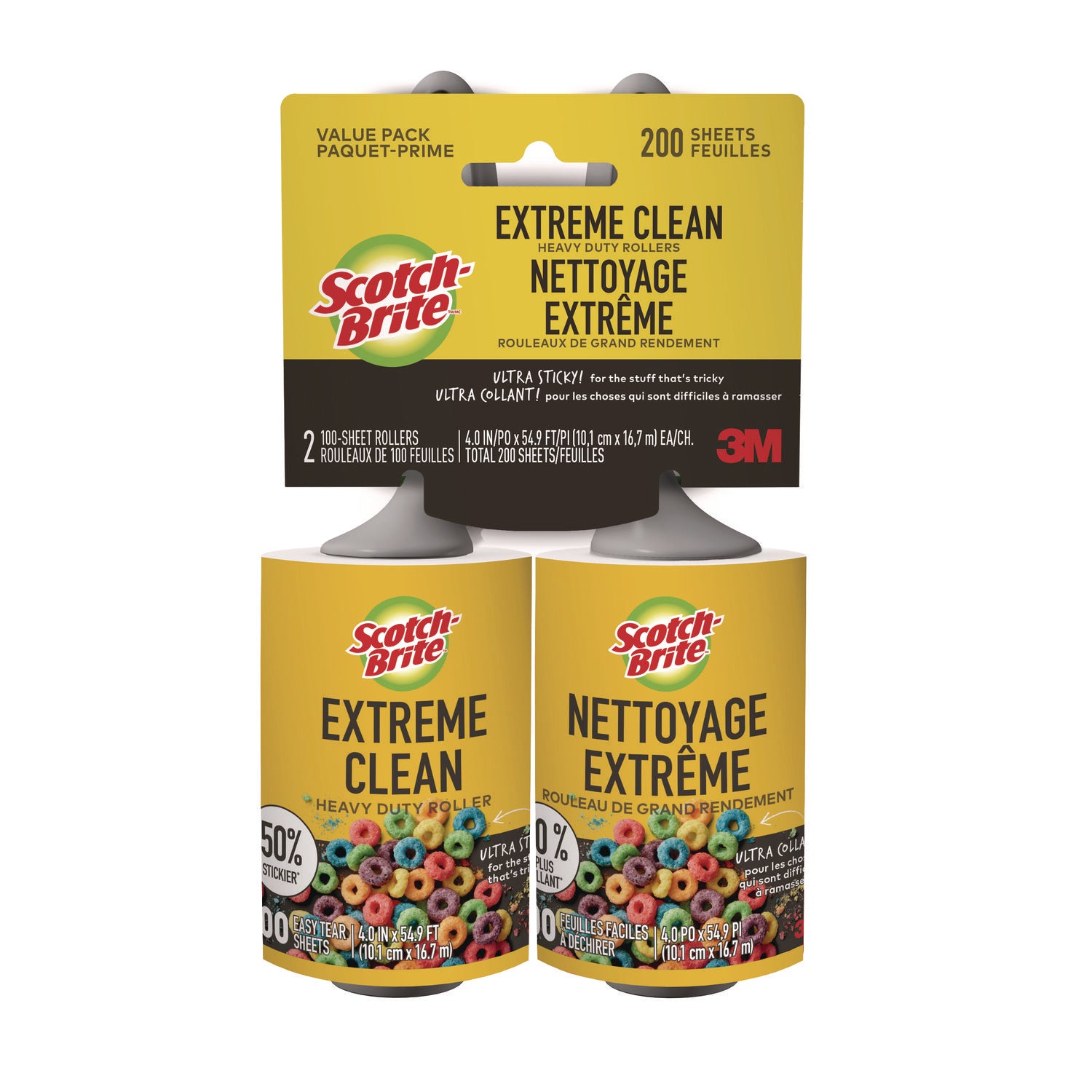 Scotch-Brite Extreme Clean Lint Roller, 4" x 54.59 ft, 100 Sheets/Roll, 2/Pack (MMM830RS100TP)