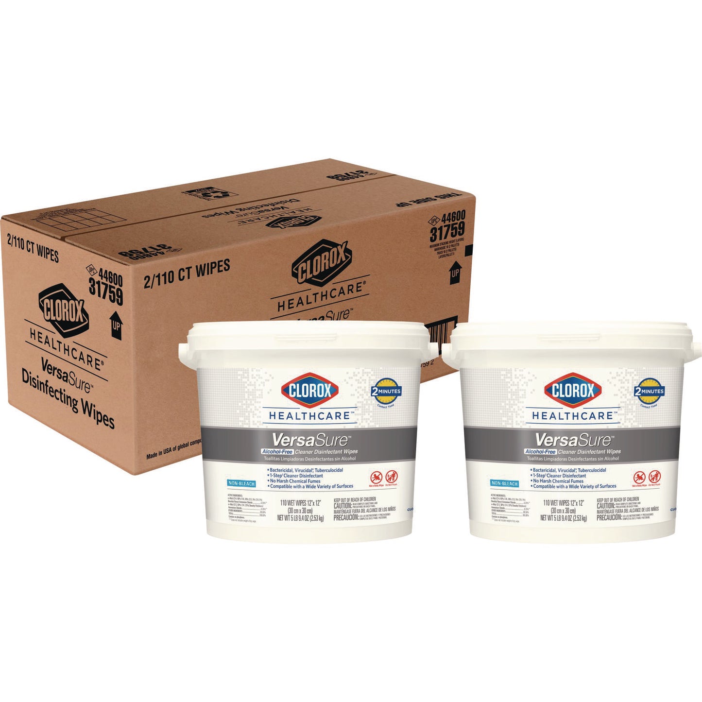Clorox Healthcare VersaSure Cleaner Disinfectant Wipes, 1-Ply, 12 x 12, Fragranced, White, 110/Bucket, 2 Buckets/Carton (CLO31759)