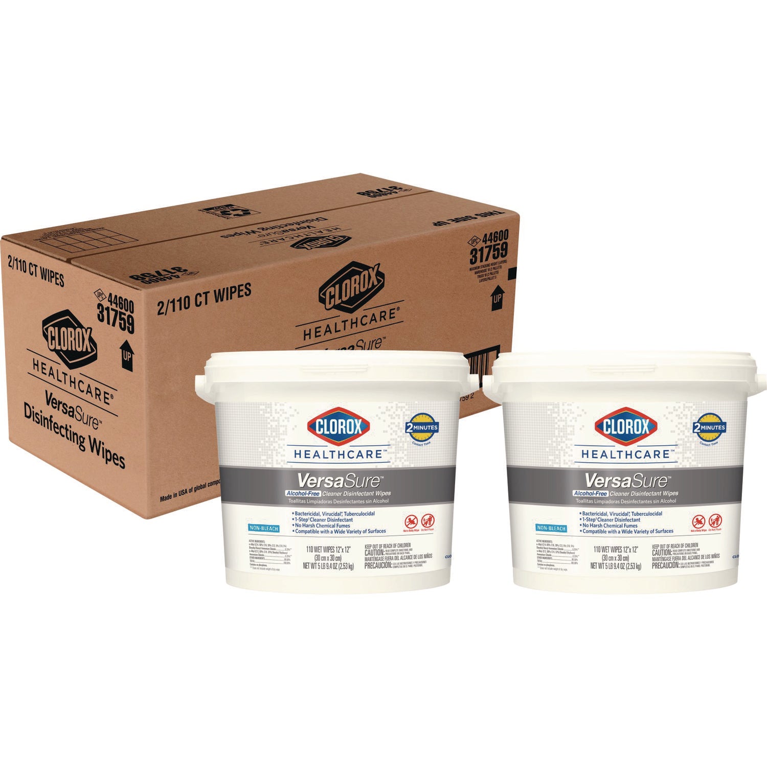 Clorox Healthcare VersaSure Cleaner Disinfectant Wipes, 1-Ply, 12 x 12, Fragranced, White, 110/Bucket, 2 Buckets/Carton (CLO31759)