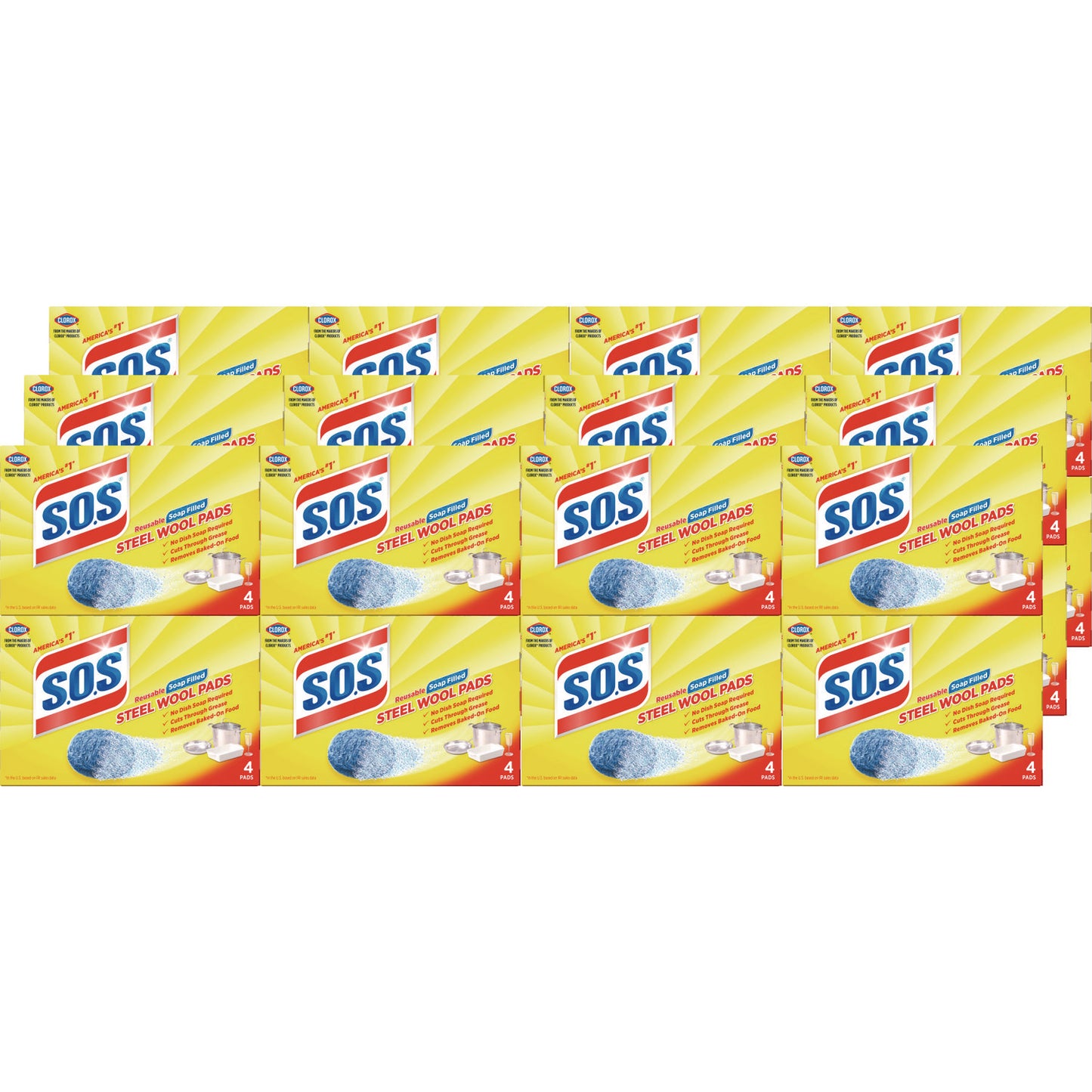 S.O.S. Steel Wool Soap Pad, Steel, 4/box, 24 Boxes/carton (CLO98041)