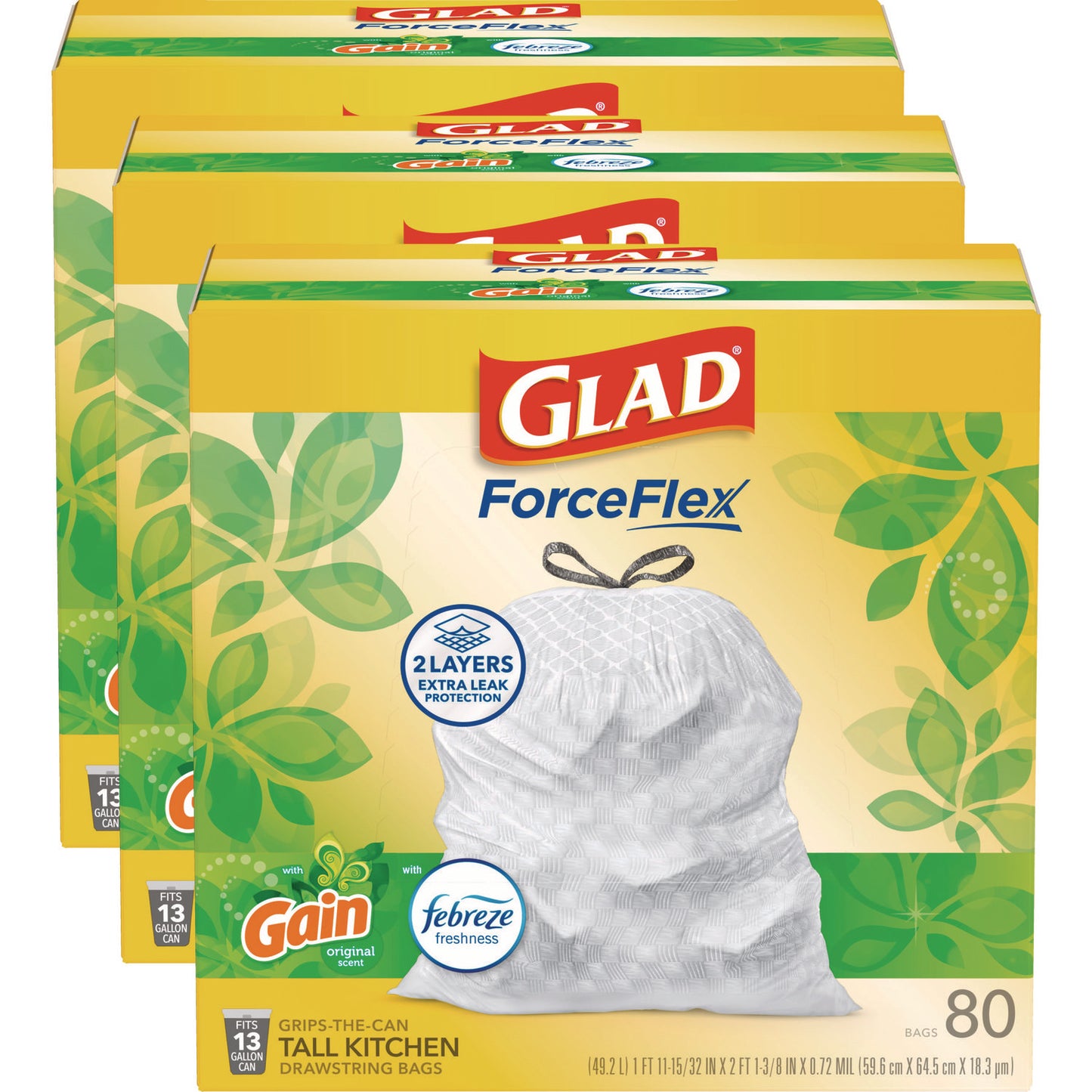 Glad ForceFlex Kitchen Drawstring Trash Bags, 13 gal, Gain Original Scent, 24" x 27.38", White, 80 Bags/Box, 3 Boxes/Carton (CLO78900)