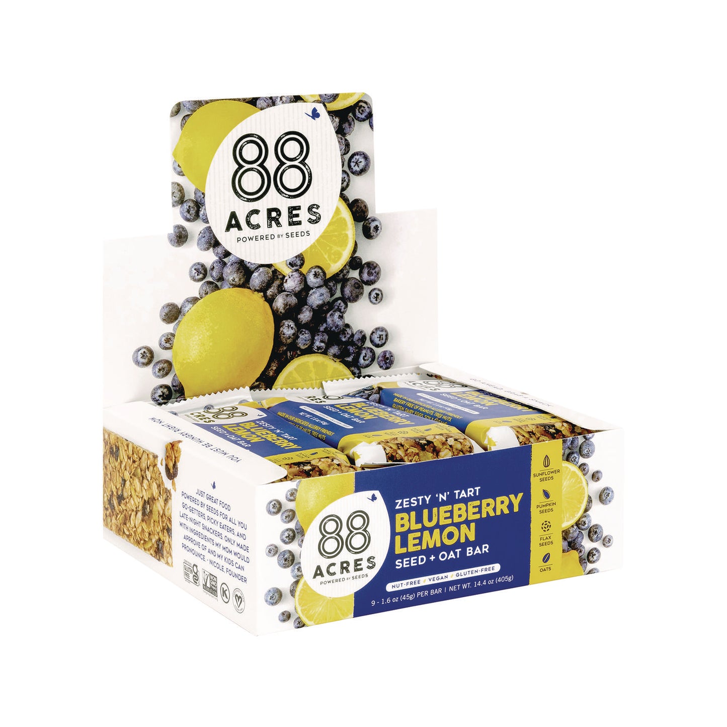 88 ACRES Warm 'N Chewey Gluten-Free Blueberry/Lemon Seed and Oat Bar, 1.6 oz Bar, 9/Box (AABACY00592)