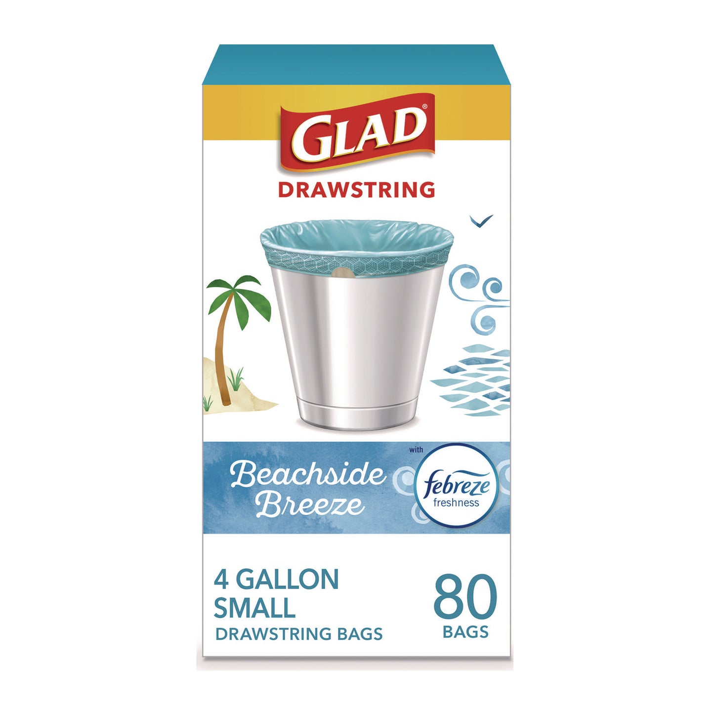 Glad Small Kitchen Drawstring Trash Bags, 4 gal, Beachside Breeze Scent, 0.5 mil, 18" x 17", Blue, 80/Box (CLO79155)