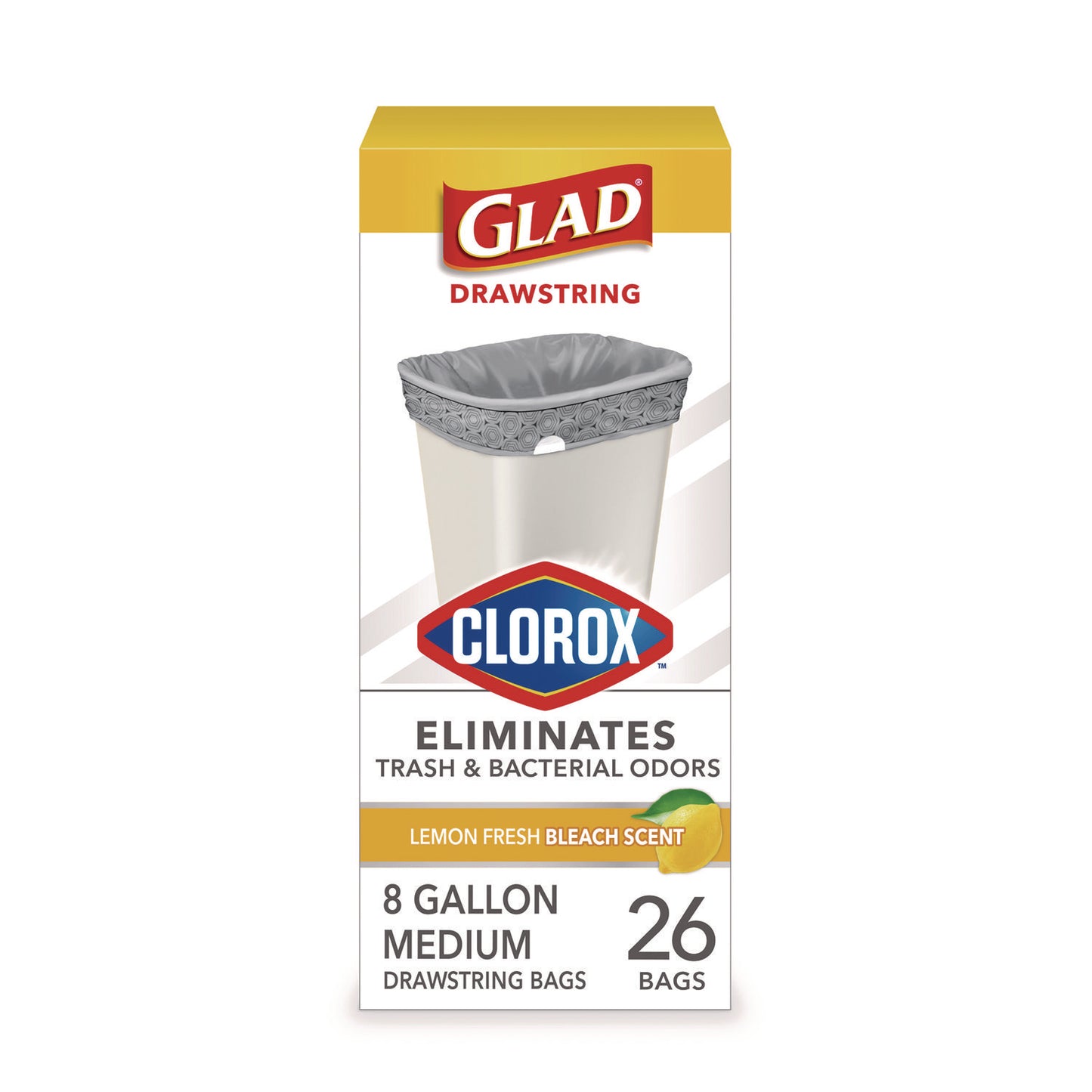 Glad Medium Drawstring Trash Bags with Clorox, 8 gal, Lemon Fresh Bleach Scent, 0.74 mil, 23" x 21.63", Gray, 26/Box (CLO79316)
