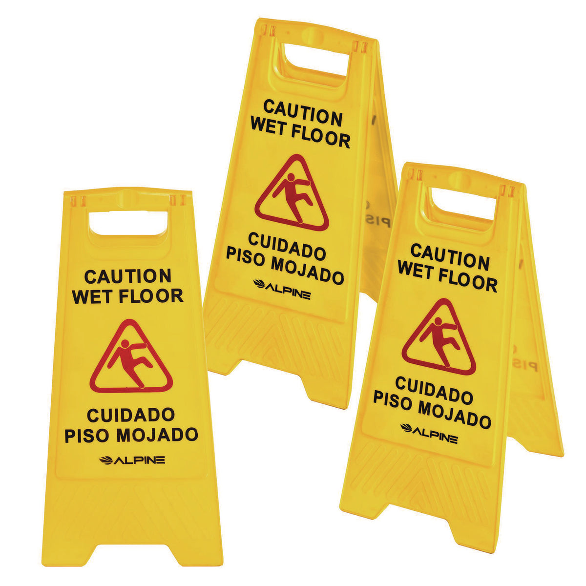 Alpine Bilingual Caution Wet Floor Sign, 11.8 x 0.7 x 24.6, Yellow, 3/Carton (ALHALP4993)
